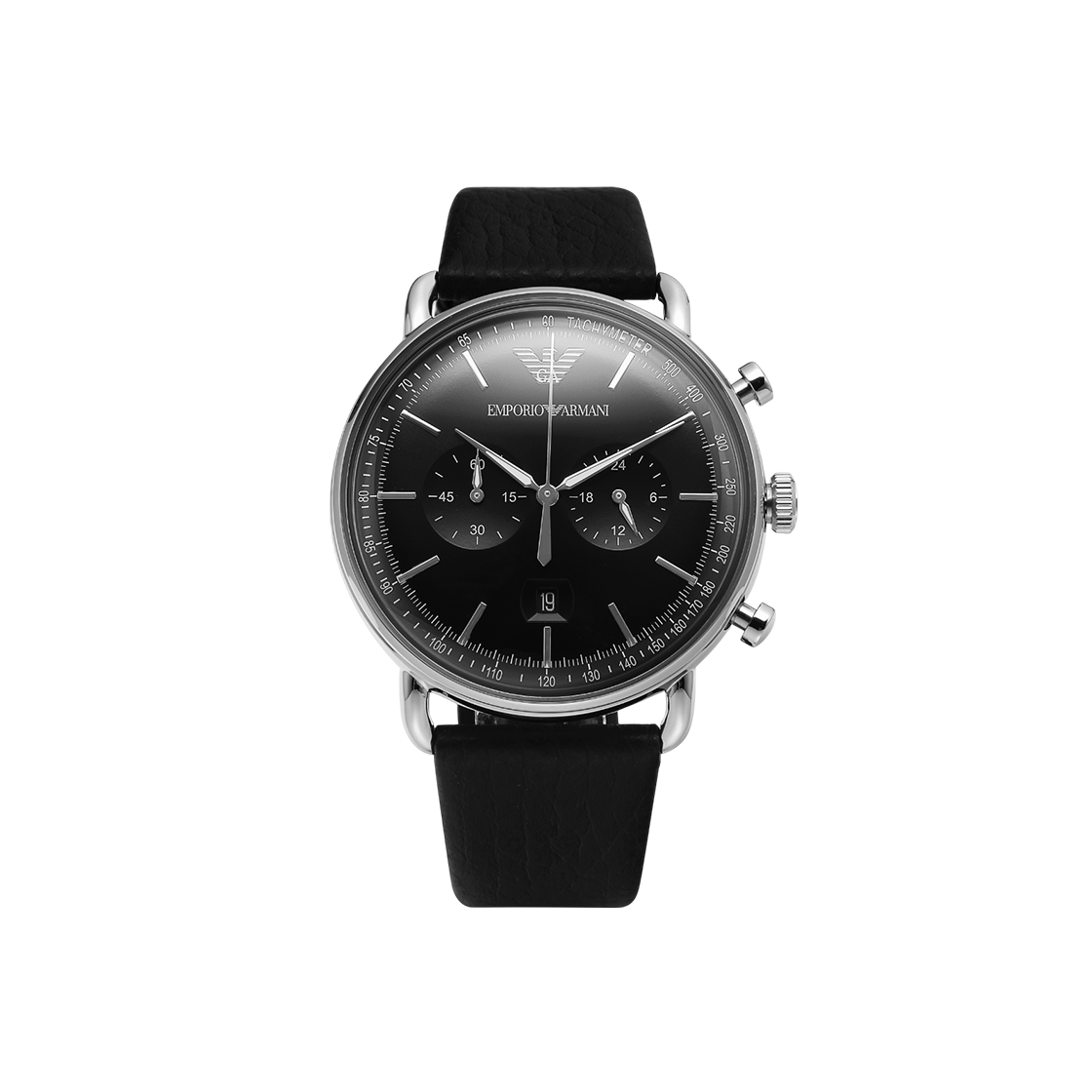 AR11143 Emporio Armani Aviator 43mm Chronograph Leather Watch Black Black