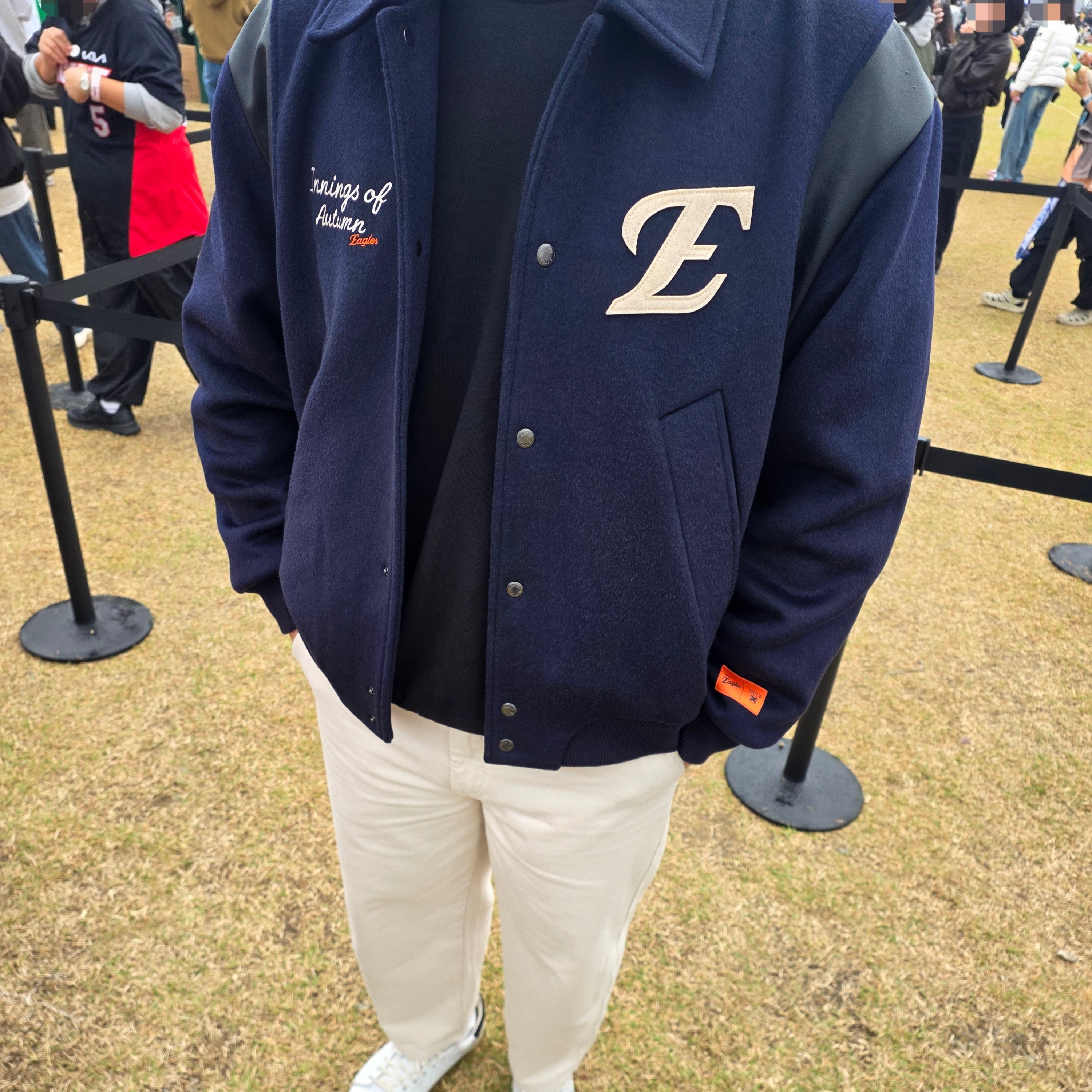 Satur x Hanwha Eagles Percy Wool Varsity Jacket Navy 착용 스타일