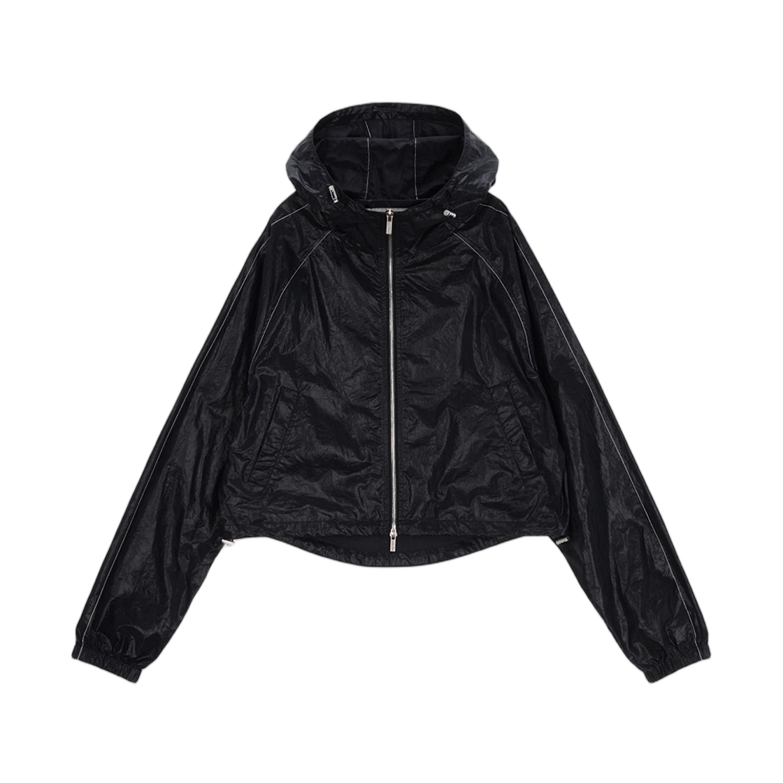 (W) 마뗑킴 마뗑 크롭 후디 코팅 점퍼 블랙((W) Matin Kim Matin Crop Hoody Coating Jumper Black) - 2