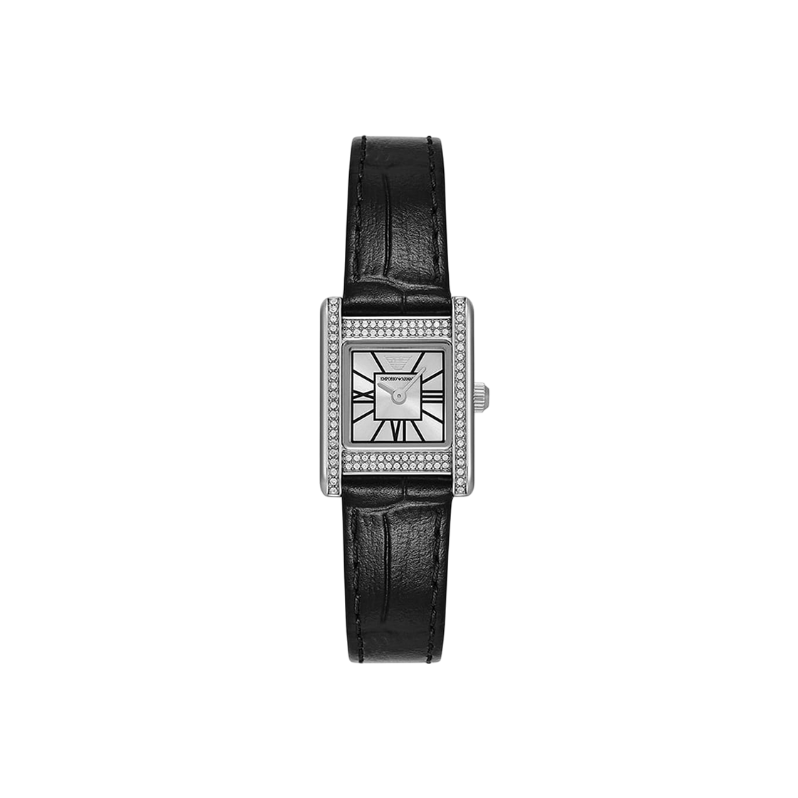 (W) 엠포리오 아르마니 제니 20mm 스퀘어 가죽 시계 실버 블랙((W) Emporio Armani Genni 20mm Square Leather Watch Silver Black)