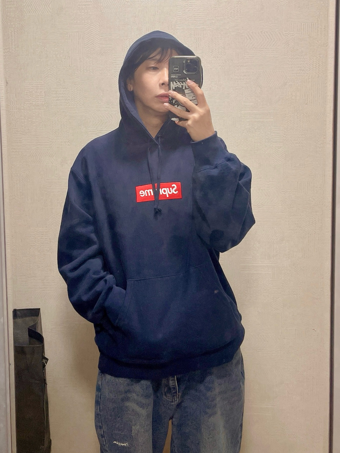 Supreme Box Logo Hooded Sweatshirt Navy - 24FW 착용 스타일