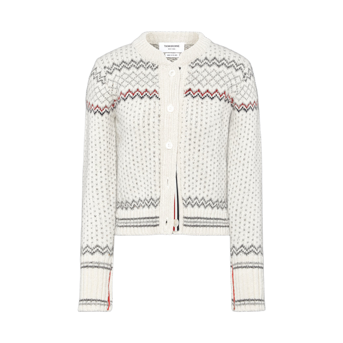 FKC677A-Y1506-100 (W) Thom Browne Fairisle Jacquard Donegal Cropped Cardigan White