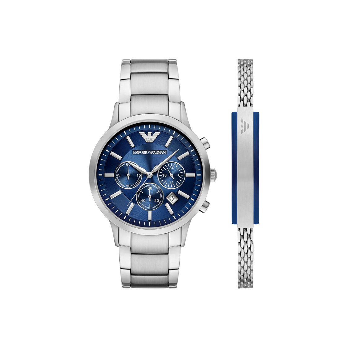 엠포리오 아르마니 43mm 크로노그래프 브레이슬릿 세트 메탈 시계 블루 실버(Emporio Armani 43mm Chronograph Bracelet Set Metal Watch Blue Silver) - 1