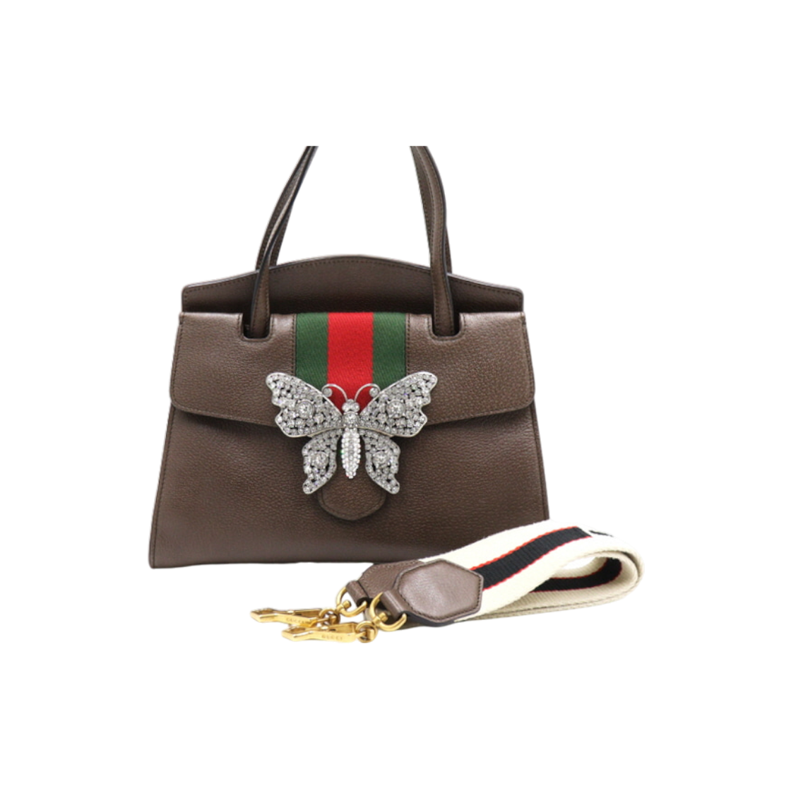IT5T37HIBLVL Gucci 505342 Brown Leather Crystal Butterfly Top Handle Flap Tote & Shoulder Bag Crossbody AA46600
