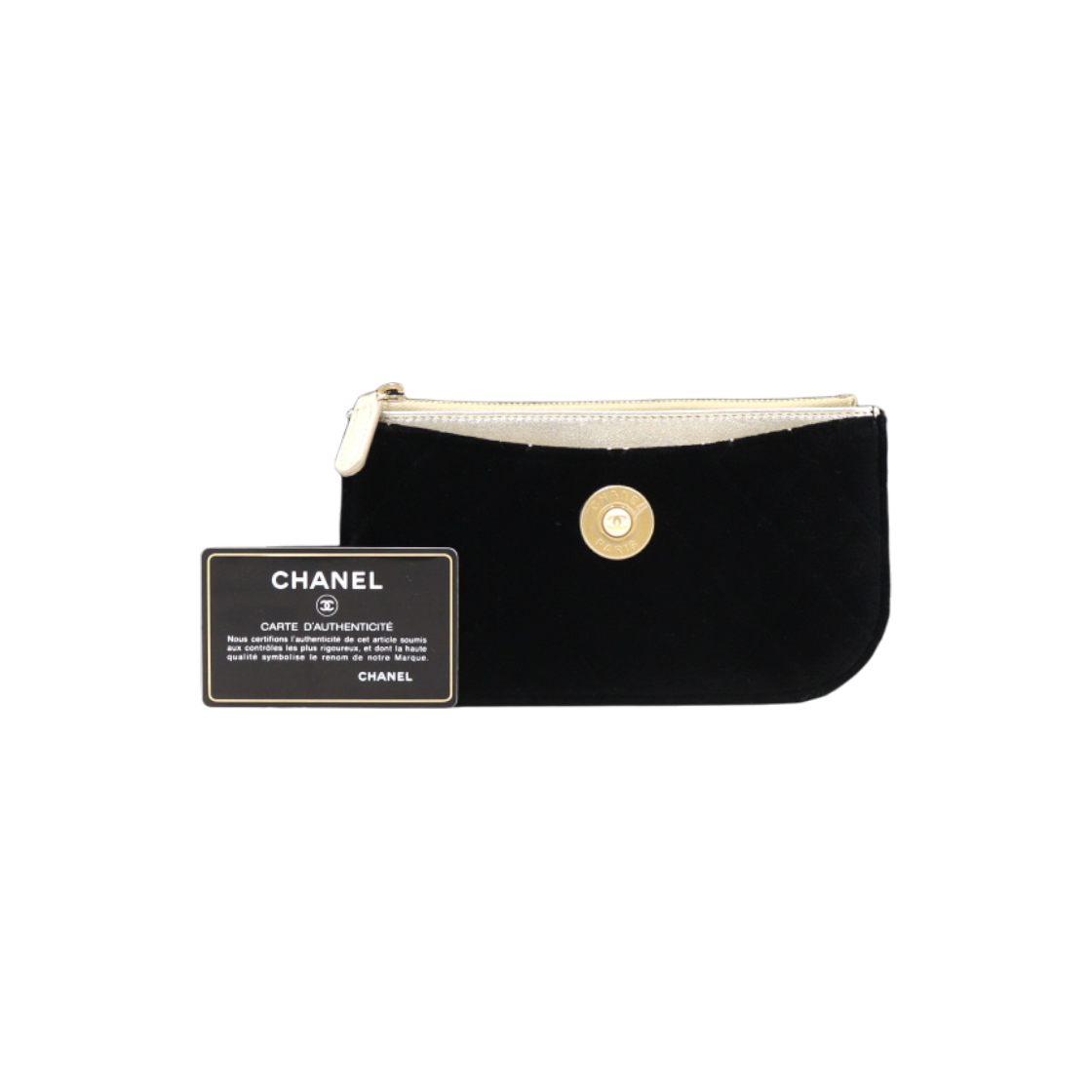IT2U7RC2WAWQ Chanel Season Black Velvet Long Wallet & Pouch Bag