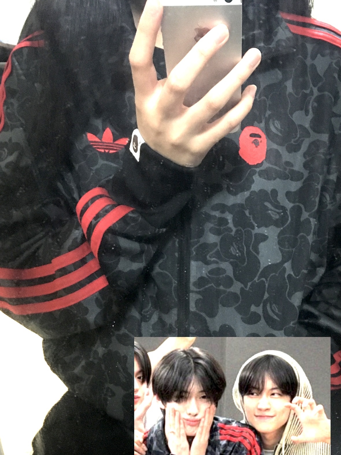 Adidas x BAPE Allover Print Track Top Black - US Sizing, Adidas x BAPE Allover Print Track Top Black - KR Sizing 착용 스타일