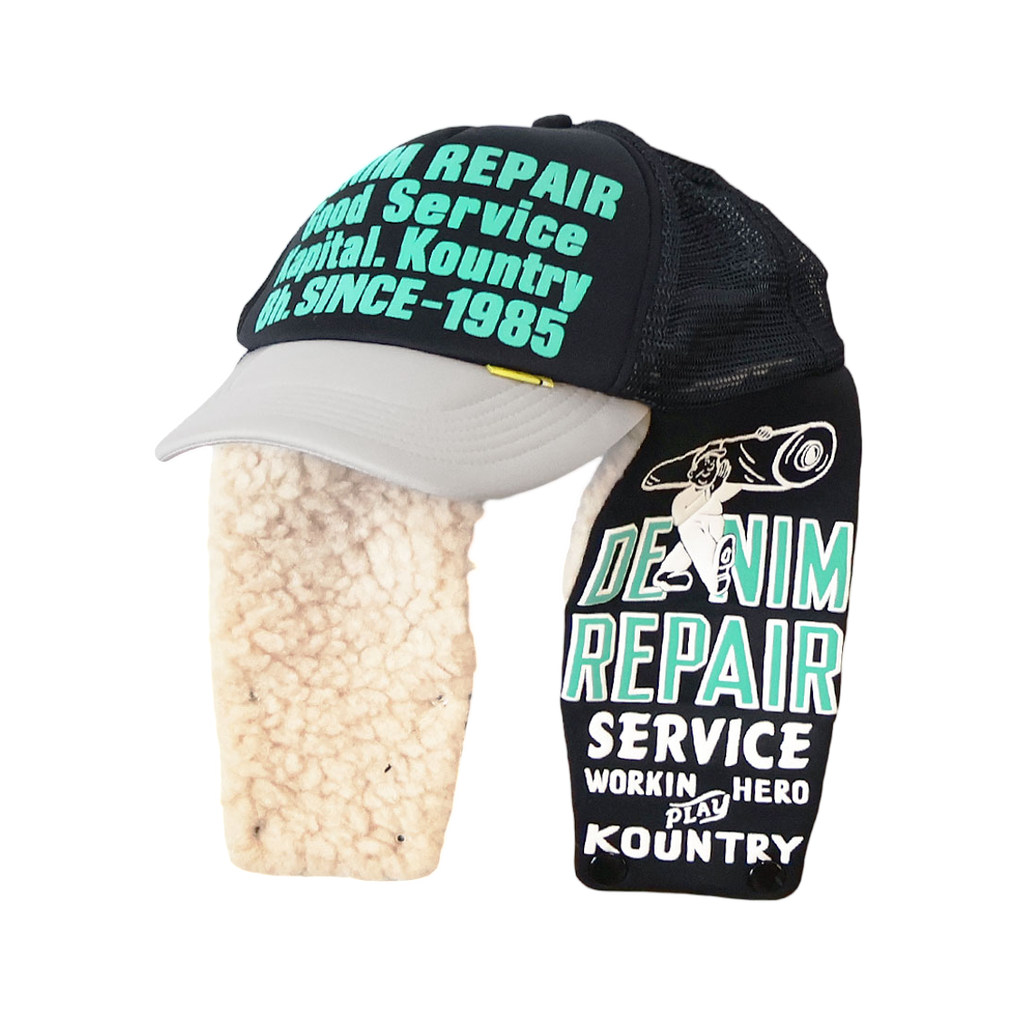 캐피탈 데님 리페어 서비스 럼버 트럭 캡 블랙 그레이(Kapital Denim Repair Service Lumber Truck Cap Black Gray) - 1