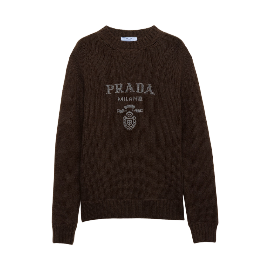 P24G1V-1YMW-F0003 (W) Prada Cashmere And Wool Prada Logo Crew-Neck Sweater Dark Brown