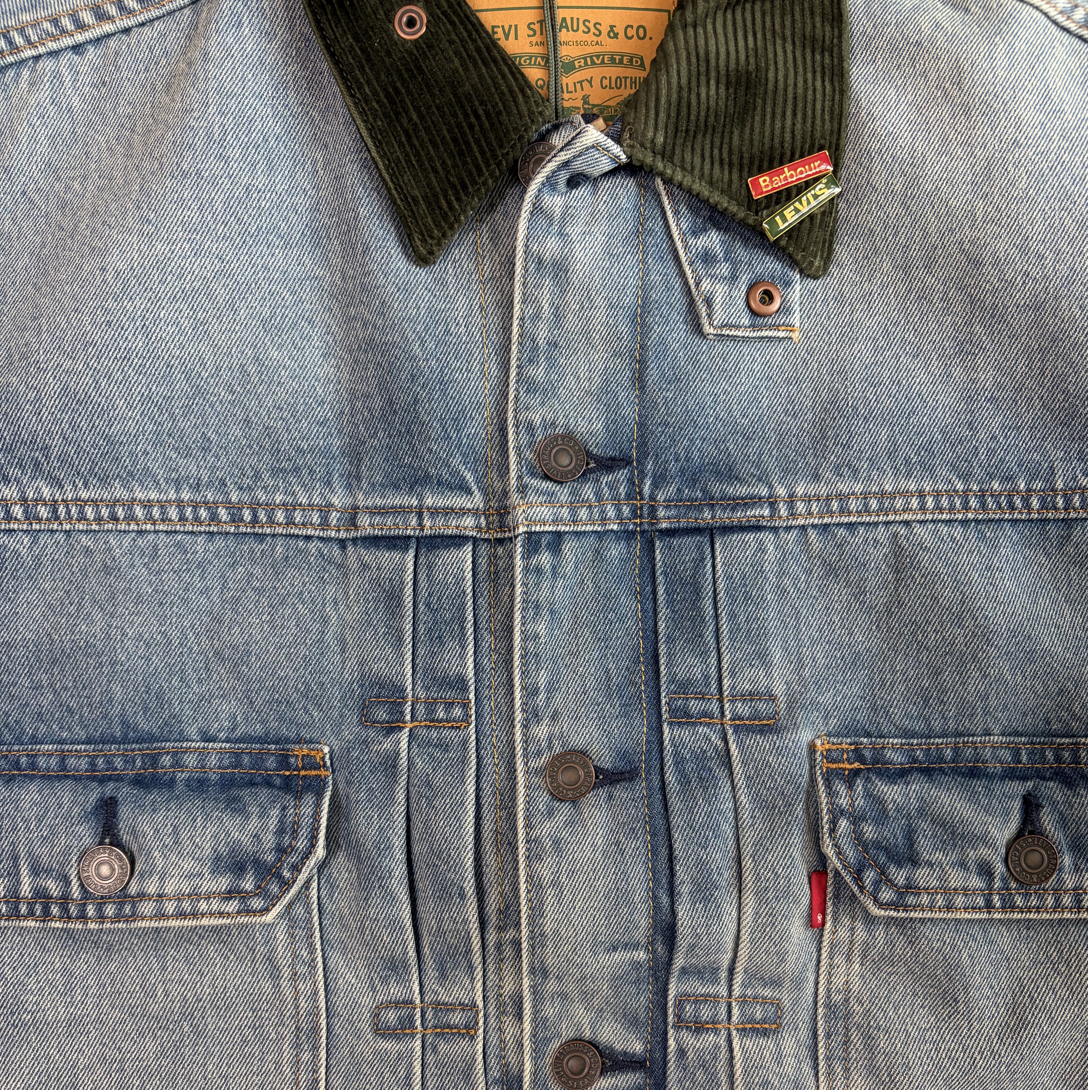Levi's x Barbour Type II Trucker Jacket Vintage Washed Denim 착용 스타일
