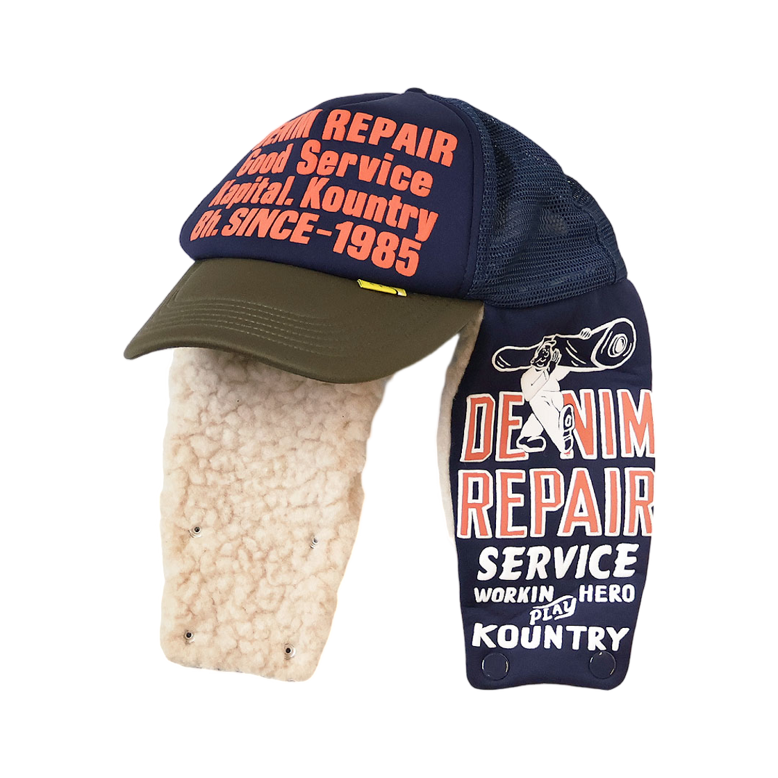 캐피탈 데님 리페어 서비스 럼버 트럭 캡 네이비 카키(Kapital Denim Repair Service Lumber Truck Cap Navy Khaki) - 1