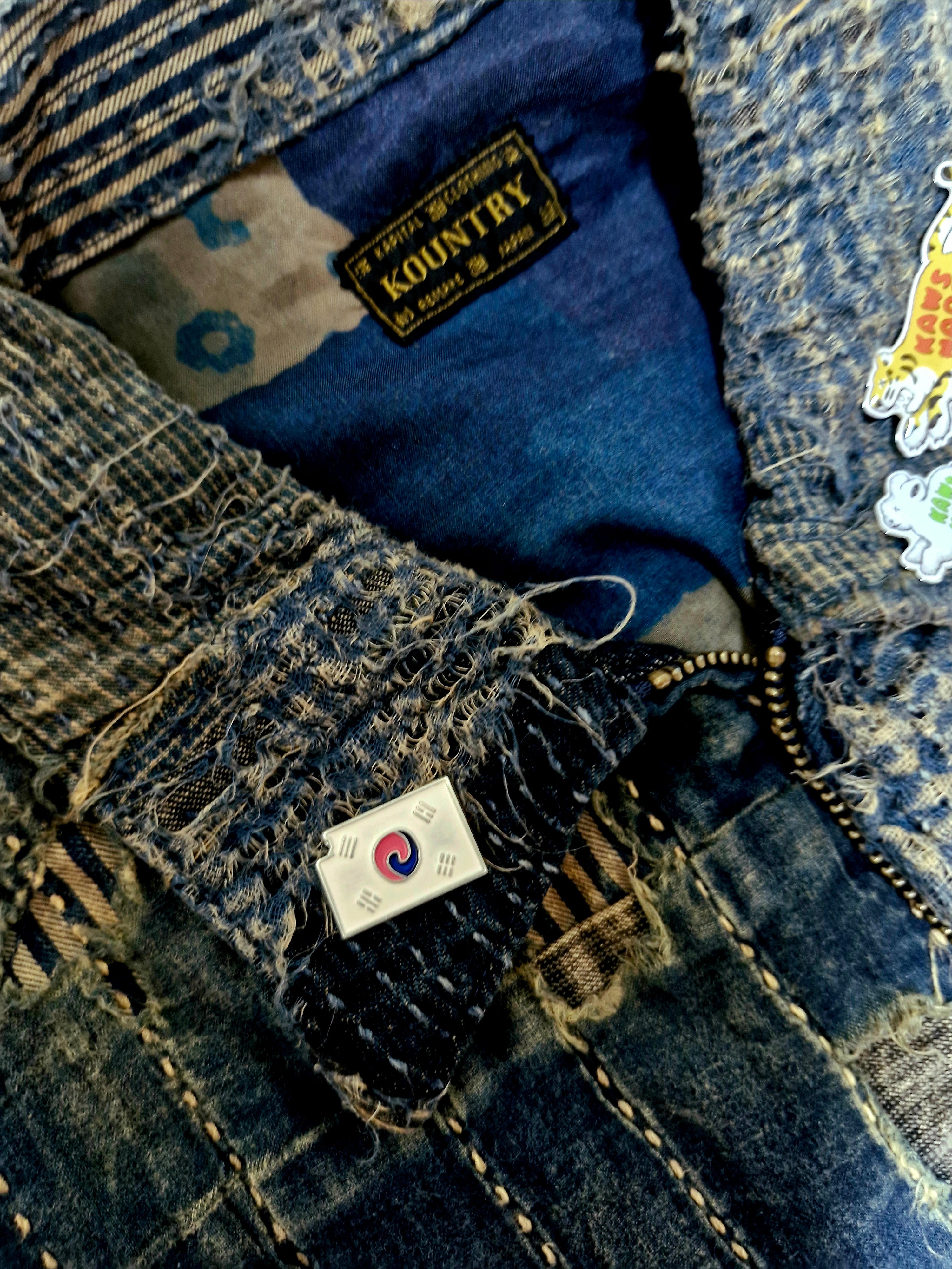 Kapital Boro T Back Drizzler Jacket Indigo, Muds Kkachi Tiger Badge 착용 스타일 - 2