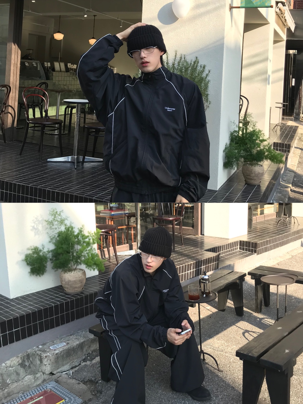 Undermycar MU.132 Original Logo Piping Line Track Jacket Black, Undermycar Mu.126 Original Logo Piping Line Nylon Pants Black 착용 스타일 - 2