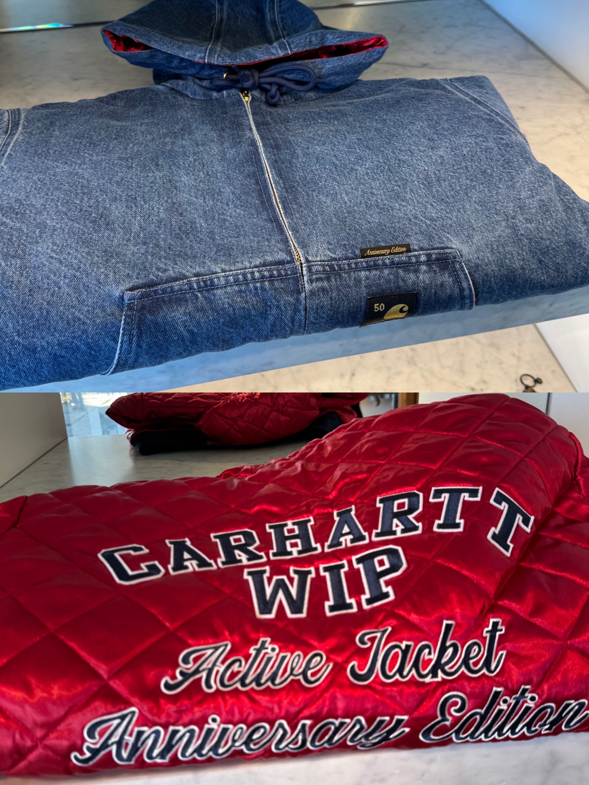 Carhartt WIP OG Active Denim Jacket 50th Anniversary Edition Blue USA Red, Carhartt WIP OG Active Canvas Jacket 50th Anniversary Edition Black USA Red 착용 스타일 - 1