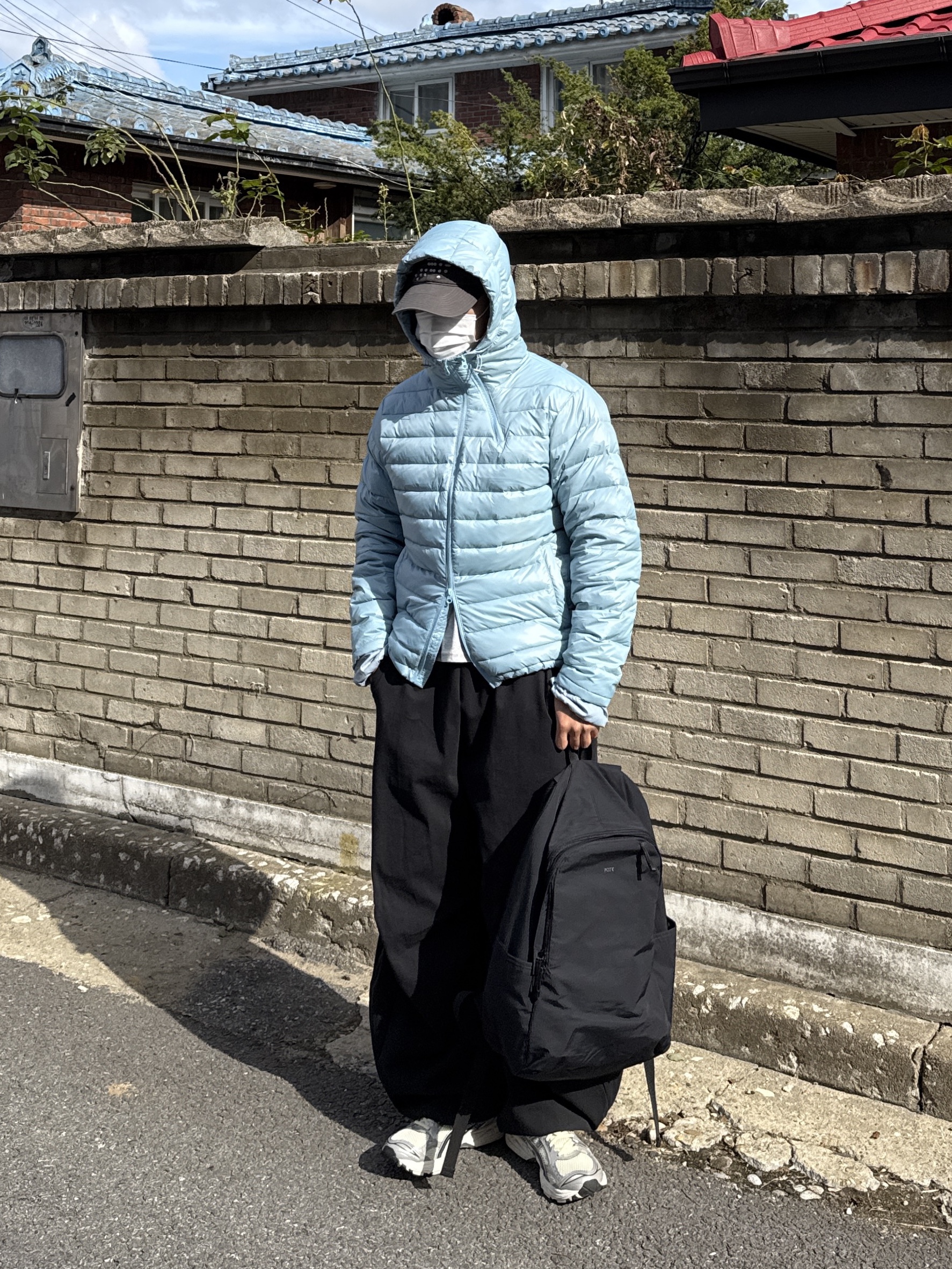 Asics Gel-Kayano 14 Oyster White Steeple Grey, Musinsa Standard City Leisure Hooded Light Down Jacket Cloudy Blue 착용 스타일 - 1