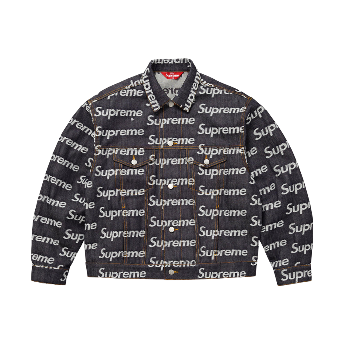 - Supreme Jacquard Logos Denim Trucker Jacket Rigid Indigo - 25FW