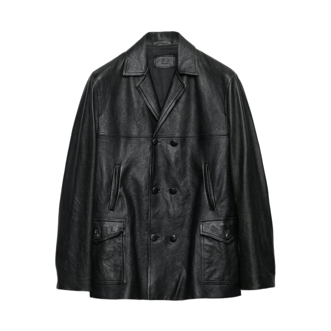 UPS693-18OK-F0002 Prada Double-Breasted Nappa Leather Caban Jacket Black