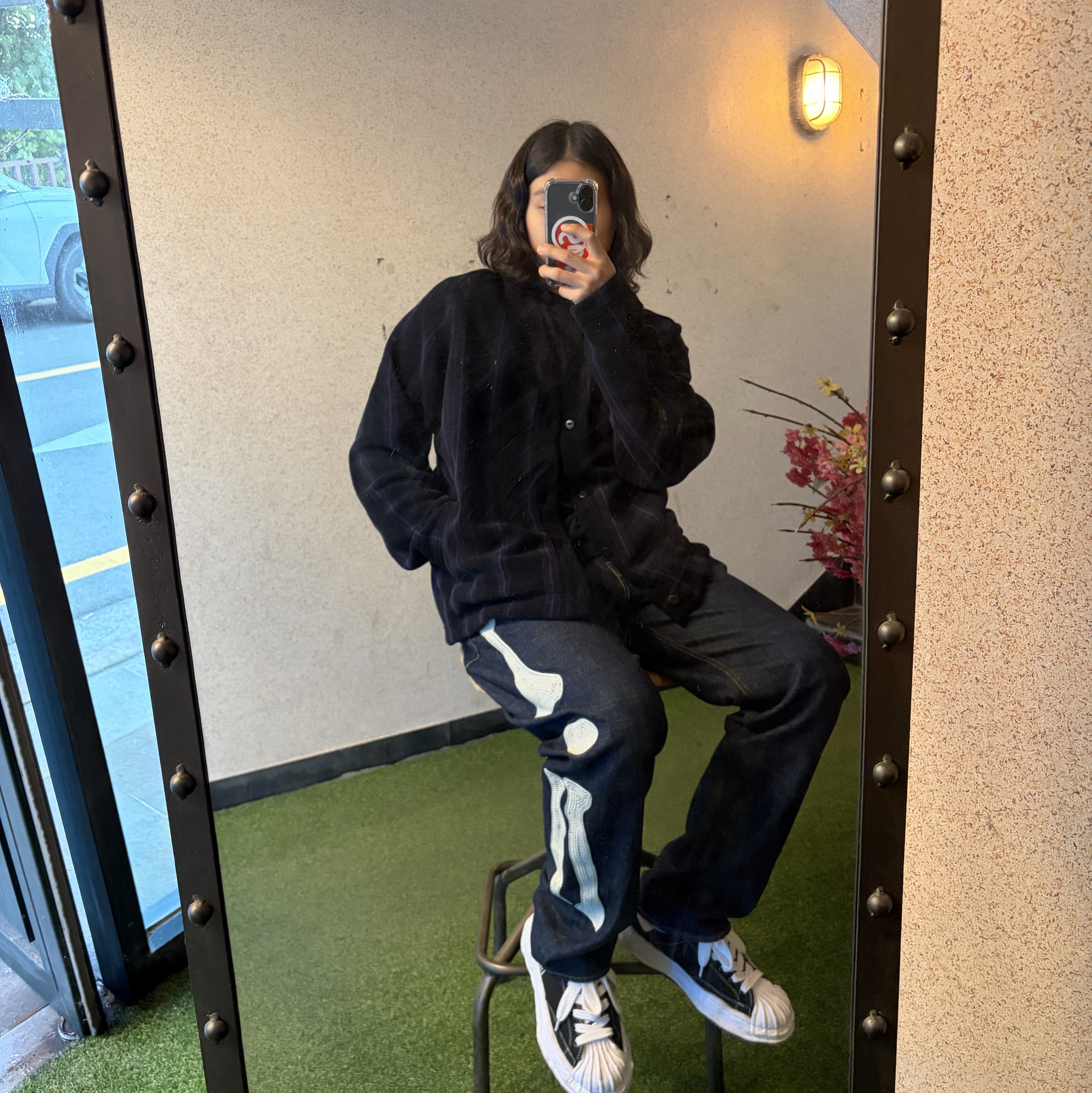 Uniqlo x Needles Fleece Oversized Cardigan Black - KR, Kapital 12.5 oz. Denim Mexican Tuxedo 5P Okagilly Pants Indigo 착용 스타일