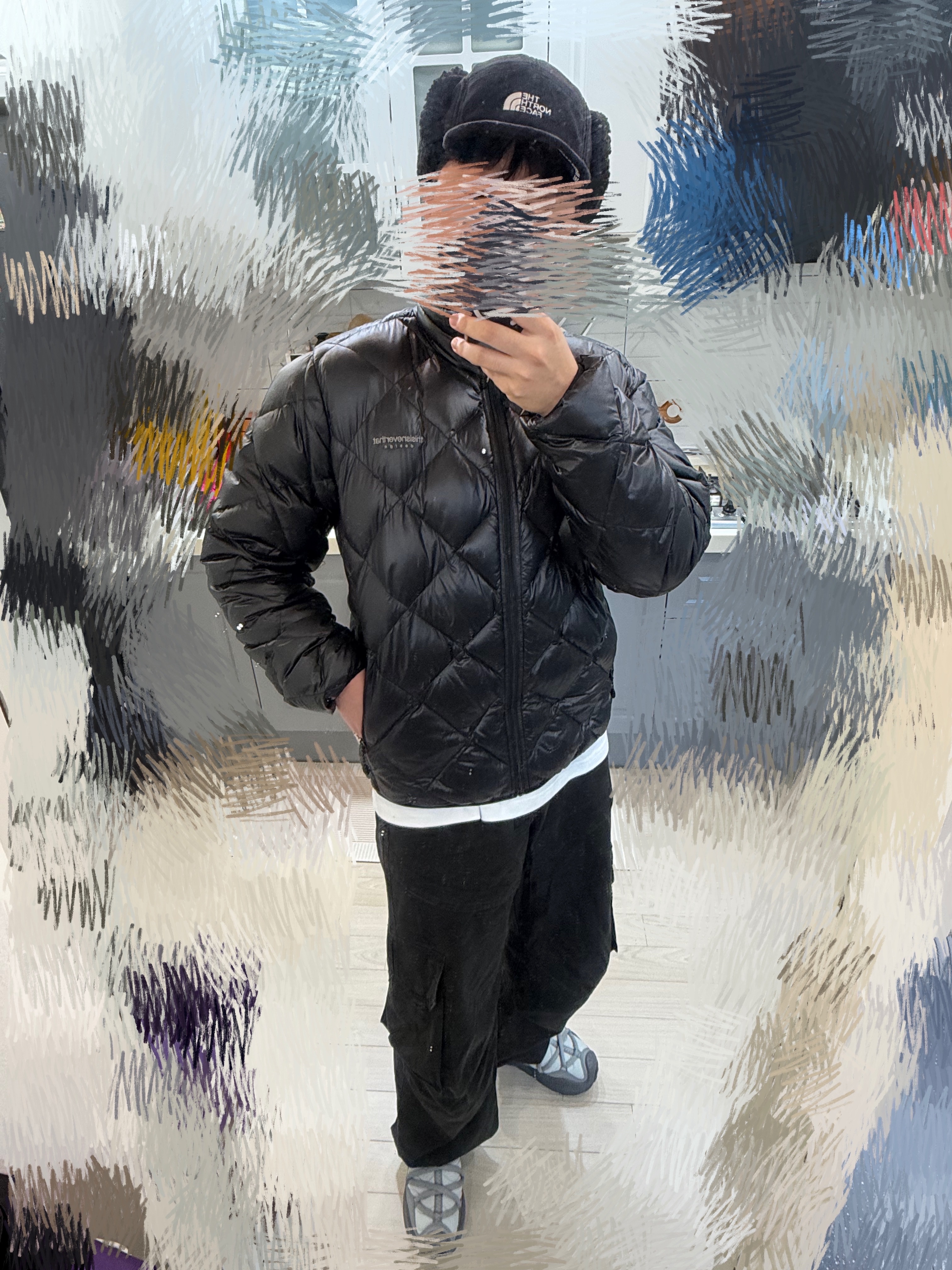 The North Face Fleece Earmuff Cap EX Black, Thisisneverthat Ultralight Down Jacket Black 착용 스타일 - 1