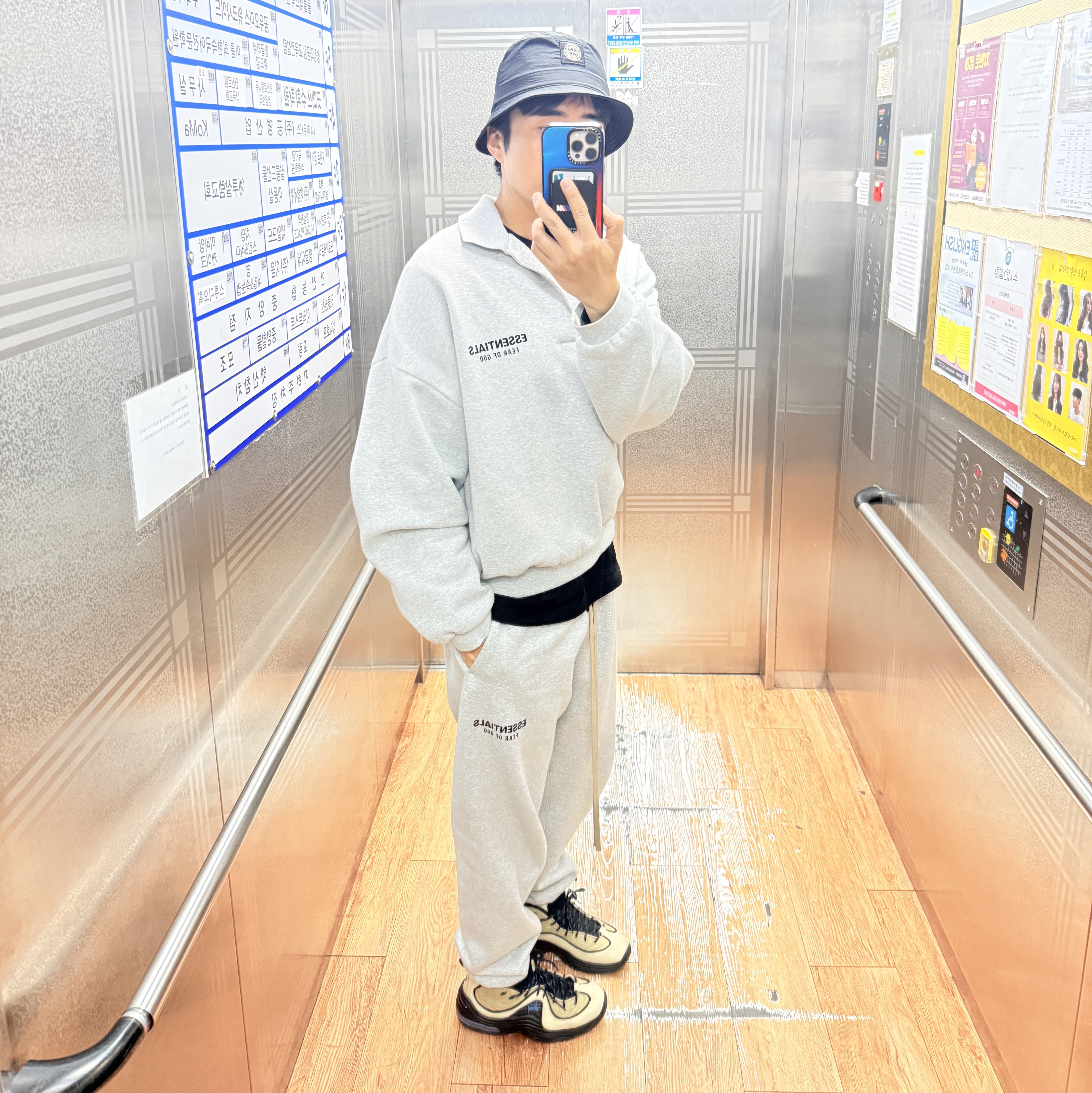 Nike x Stussy Air Penny II Rattan and Limestone, Essentials Fleece Polo Sweatshirt Light Heather Grey - 24FW 착용 스타일