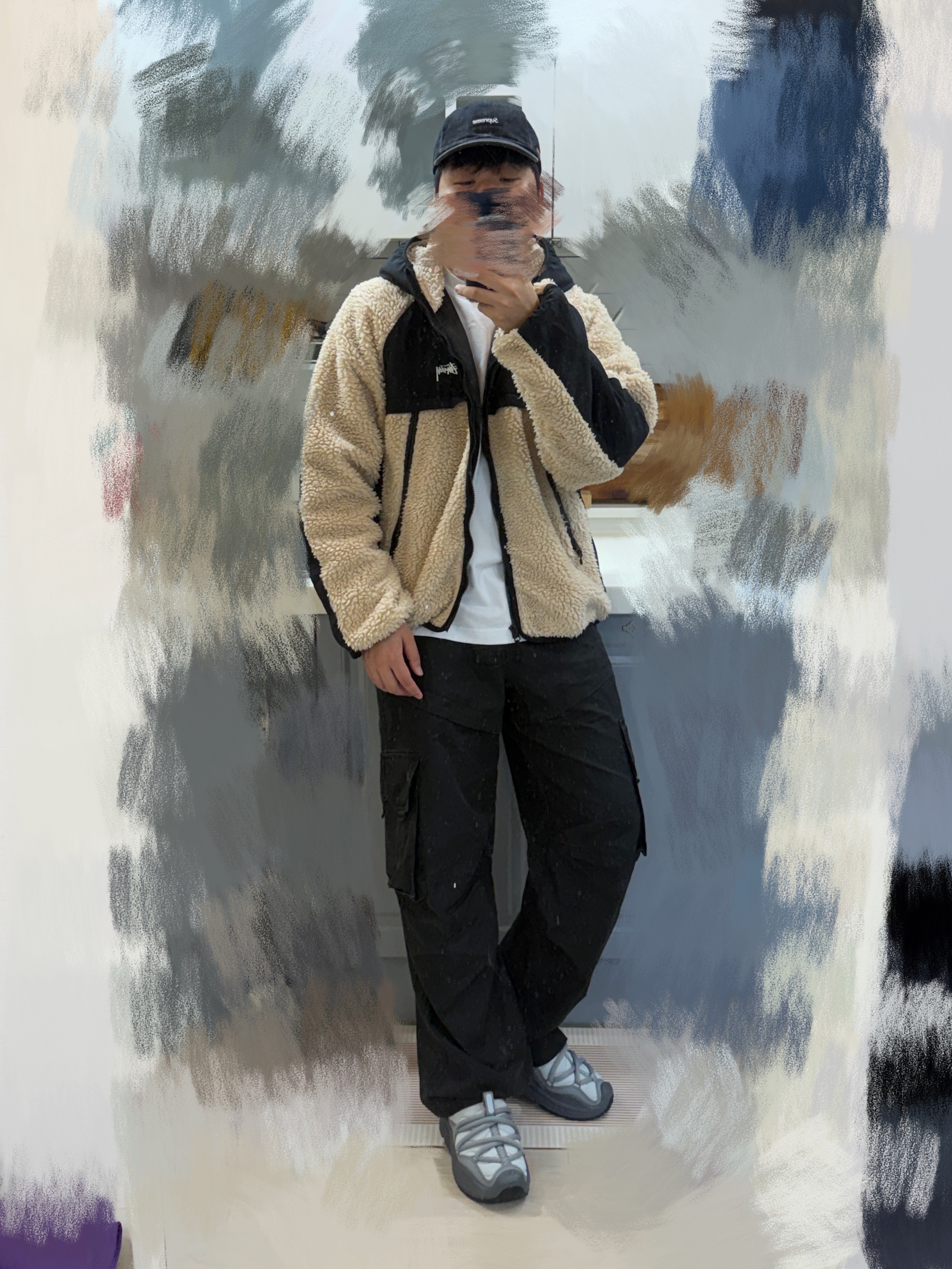 Supreme Cordura Denim Small Box 6-Panel Black - 24SS, Stussy Sherpa Paneled Hooded Jacket Beige 착용 스타일 - 2