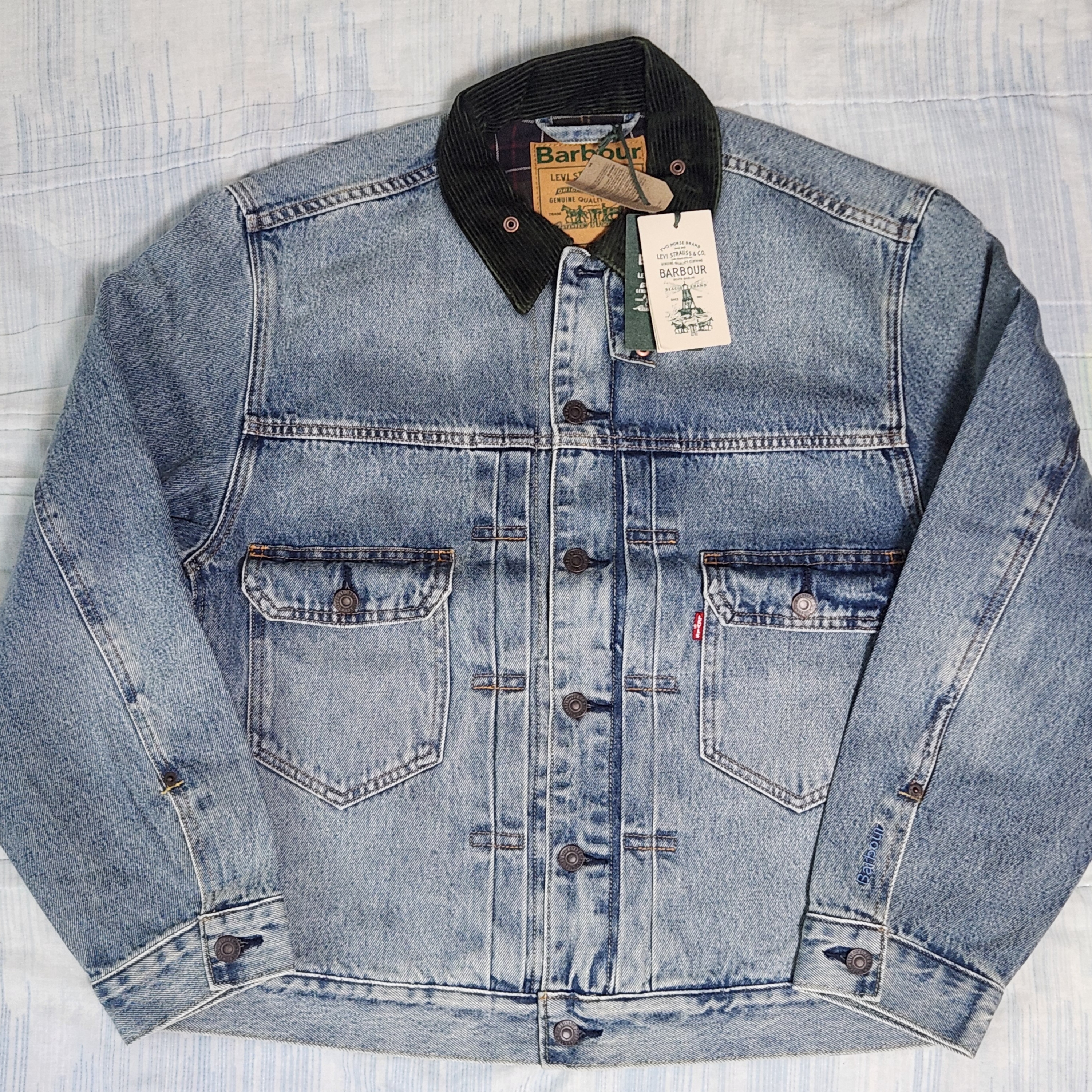 Levi's x Barbour Type II Trucker Jacket Vintage Washed Denim 착용 스타일 - 1