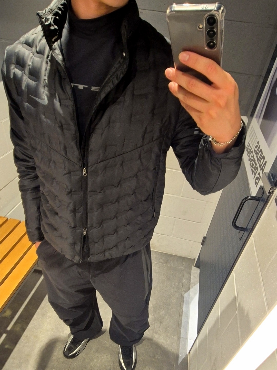 Nike Therma-Fit ADV Aeroloft Repel Down Running Jacket Black - Asia, Nike Tech Woven Open Hem Pants Black - Asia 착용 스타일