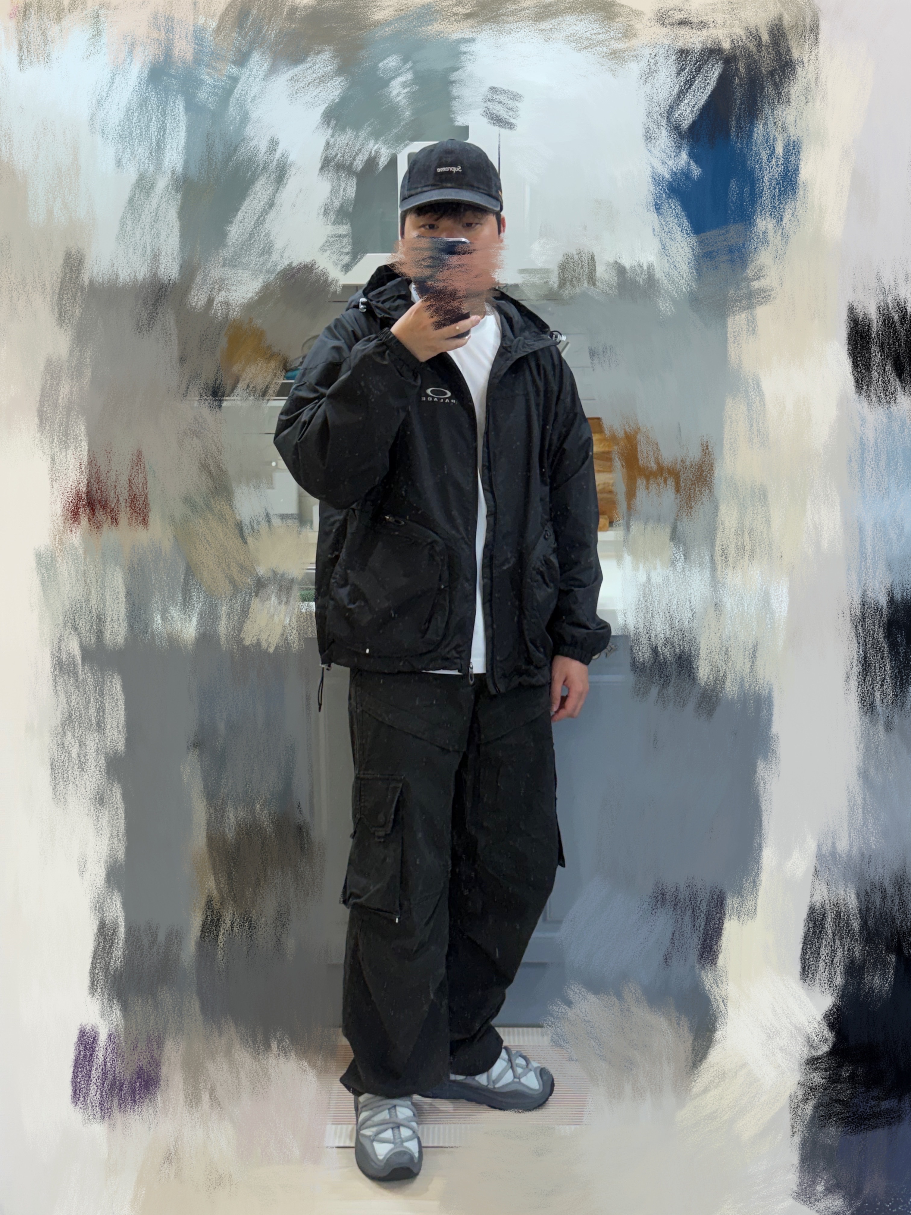 Supreme Cordura Denim Small Box 6-Panel Black - 24SS, Palace x Oakley Nitrofuel Jacket Black - 23SS 착용 스타일 - 3