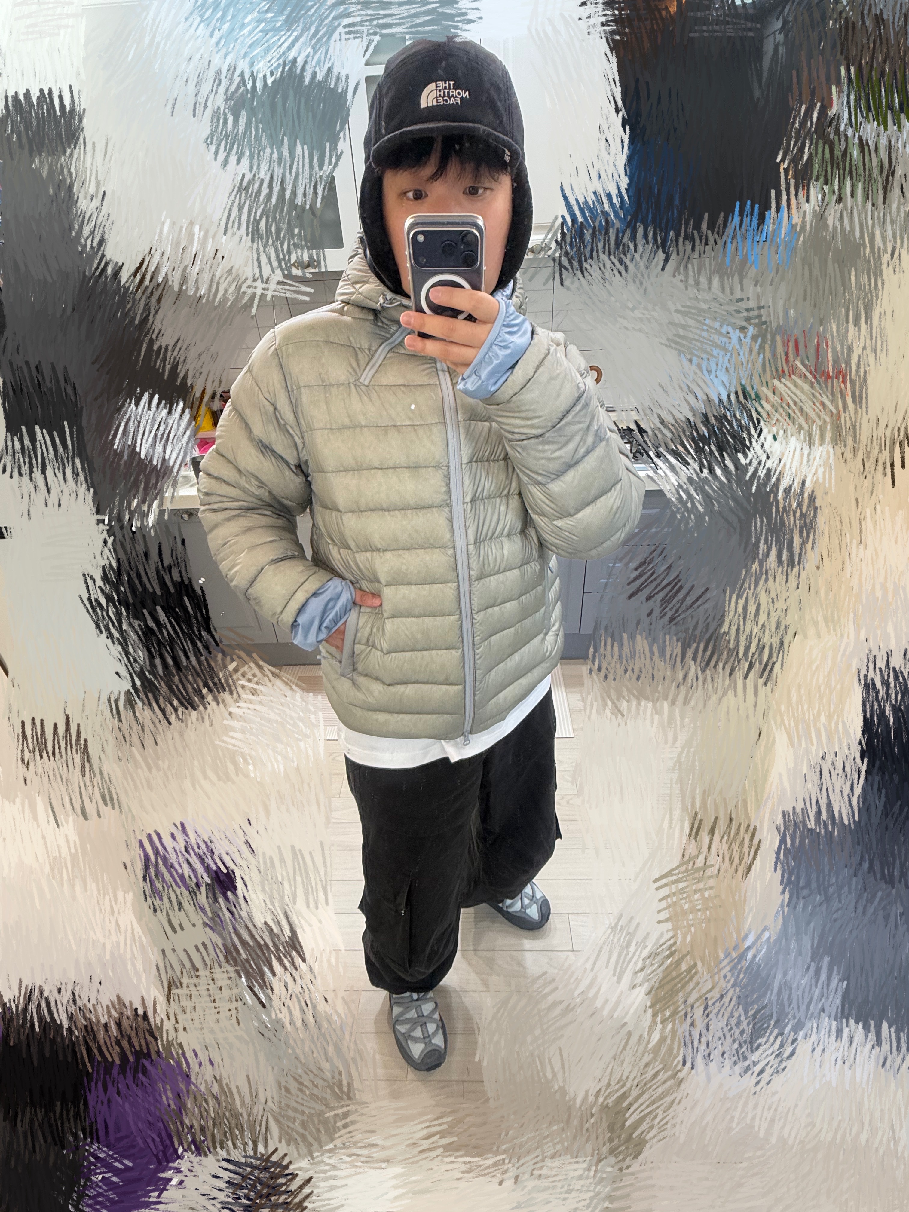 The North Face Fleece Earmuff Cap EX Black, Sansan Gear Suffix Puffer Jacket Grey_25FW 착용 스타일 - 1