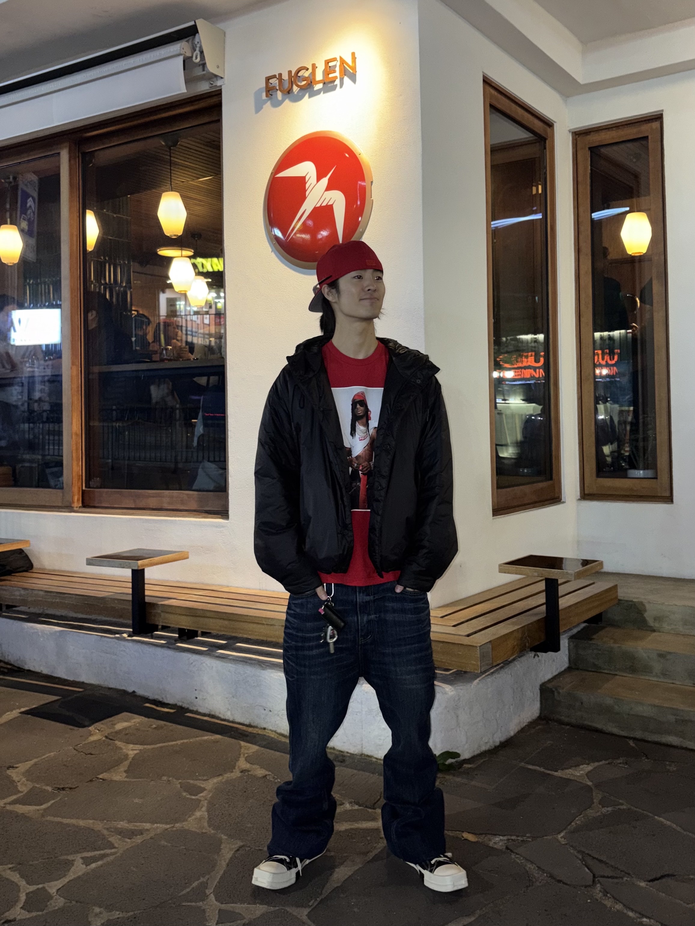Undermycar Mu.114 Original Logo Washed Slim Flare Jeans Washed Blue, Supreme Playboi Carti T-Shirt Red - 25FW 착용 스타일