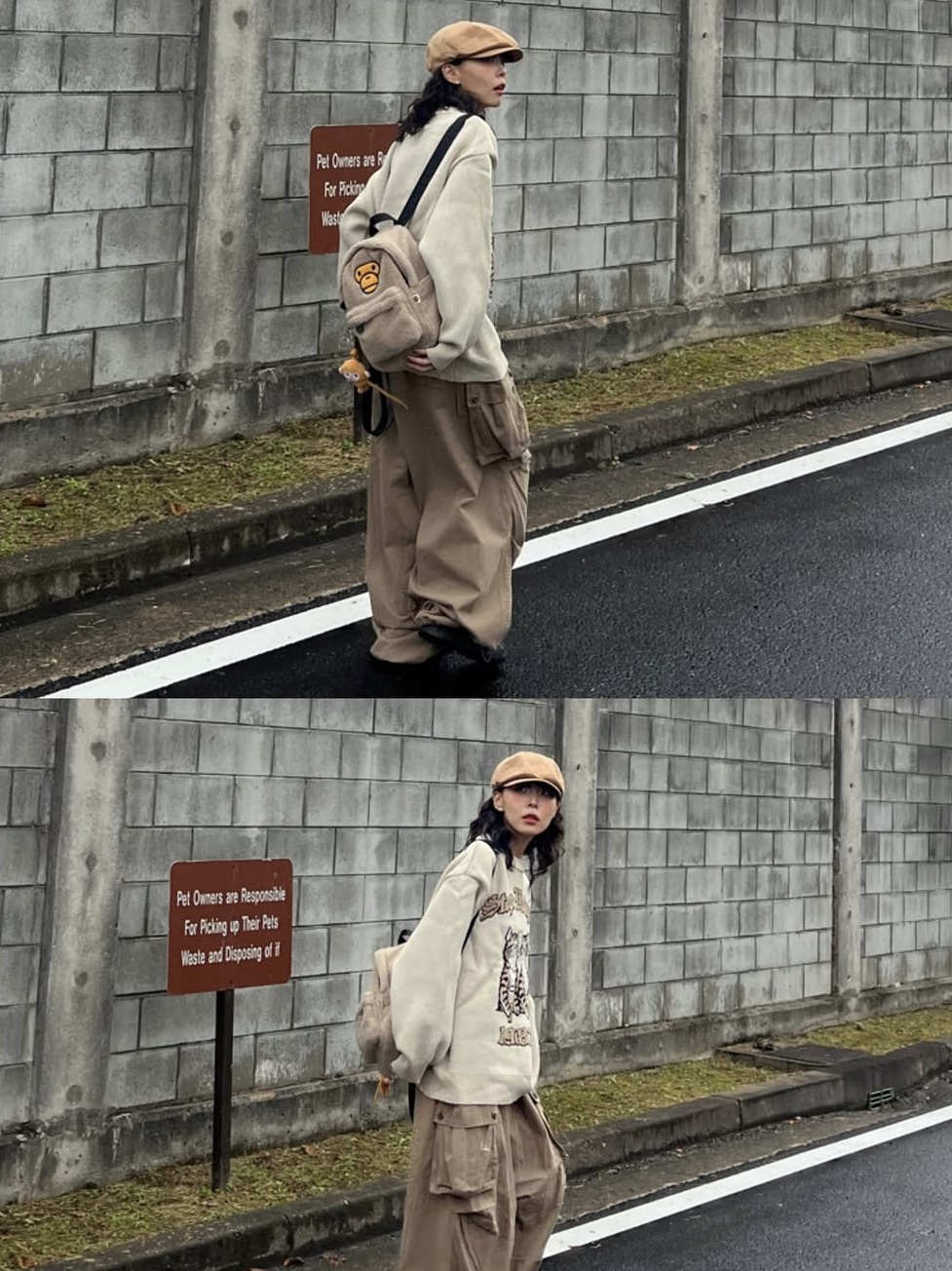 BAPE Baby Milo Mini Fur Backpack Beige 착용 스타일 - 3
