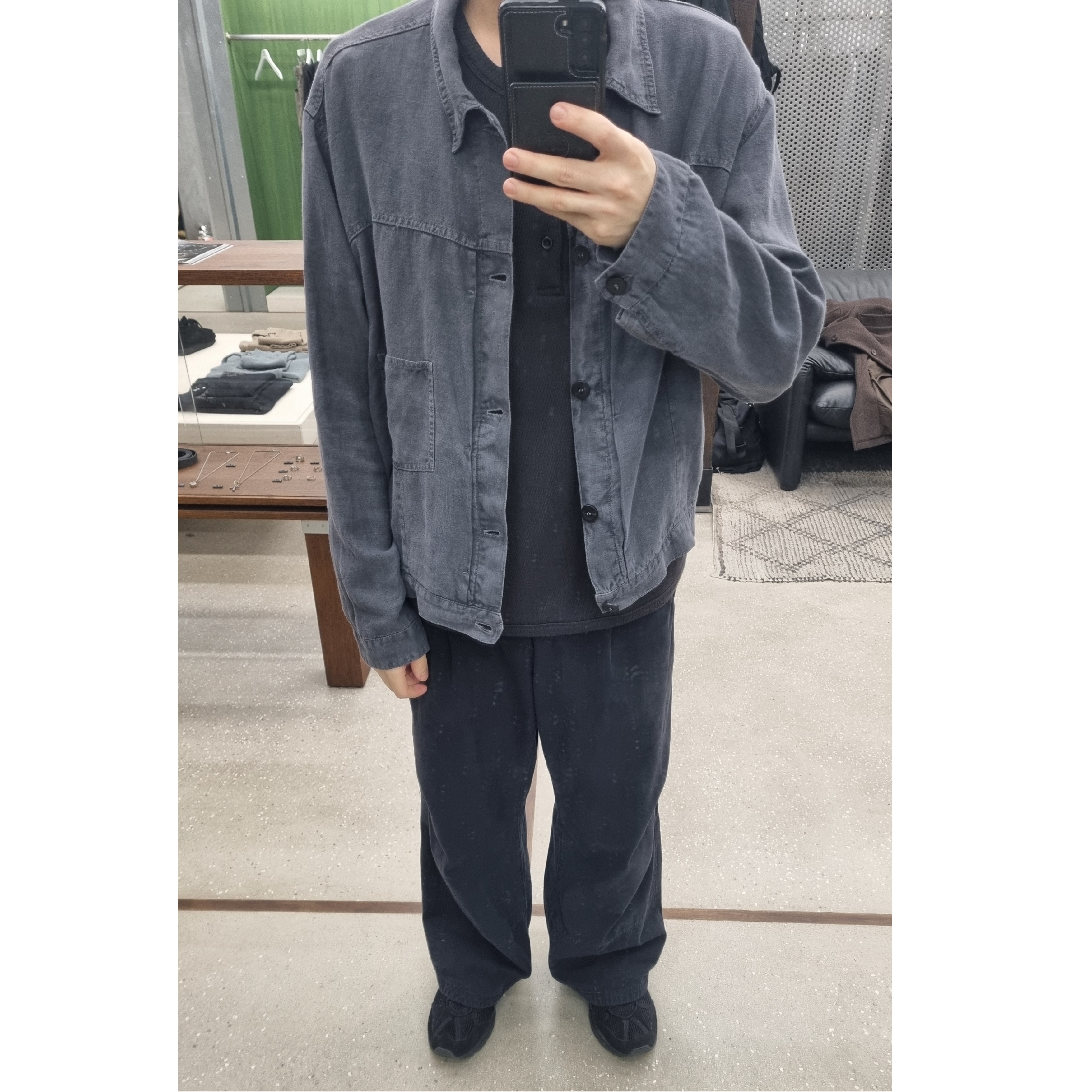 Asics Gel-Sonoma 15-50 Black, Polyteru Linen Trucker Jacket Blue 착용 스타일 - 1