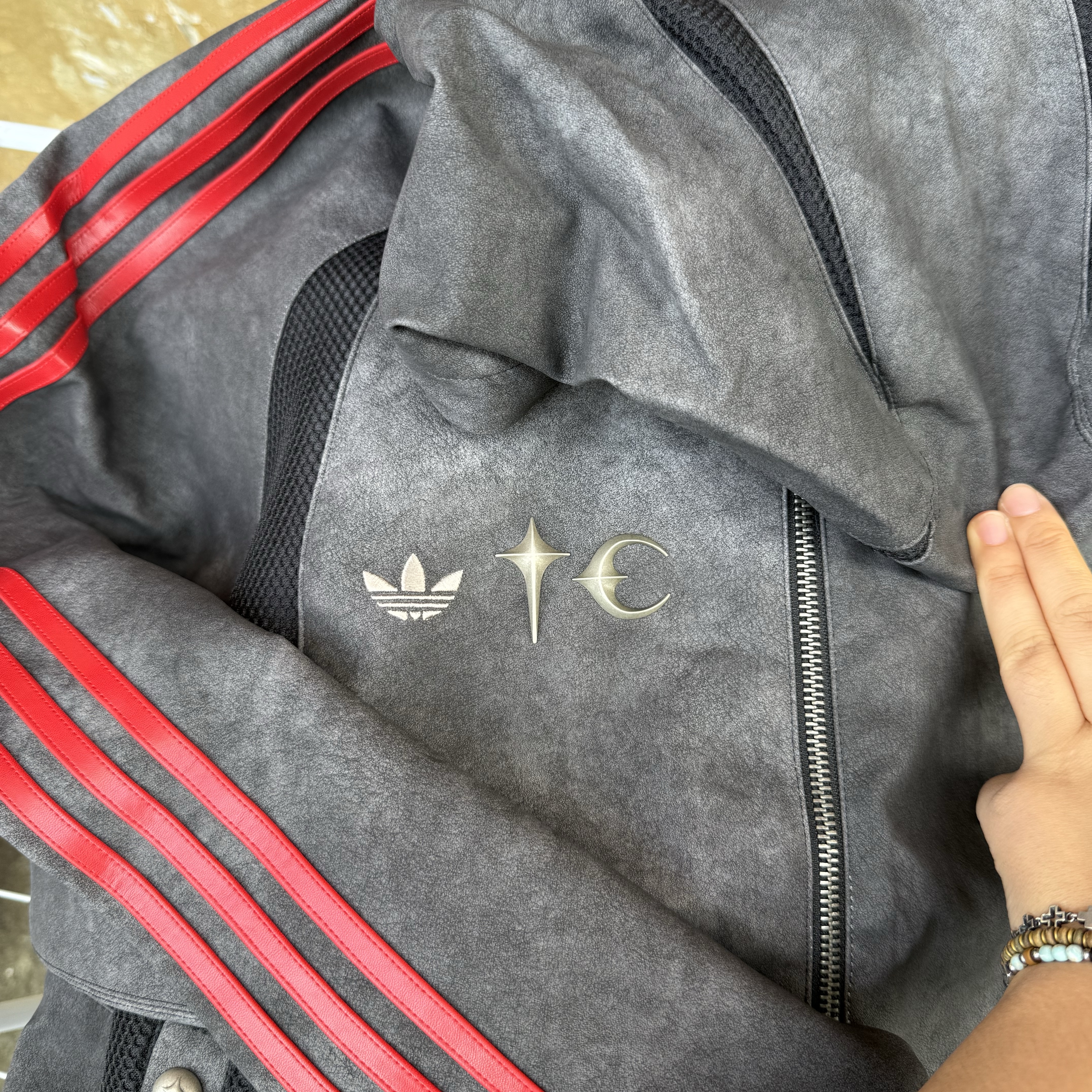 Adidas x Thug Club Teamgeist Faux Leather Jacket Black Antique Silver - KR Sizing 착용 스타일 - 1