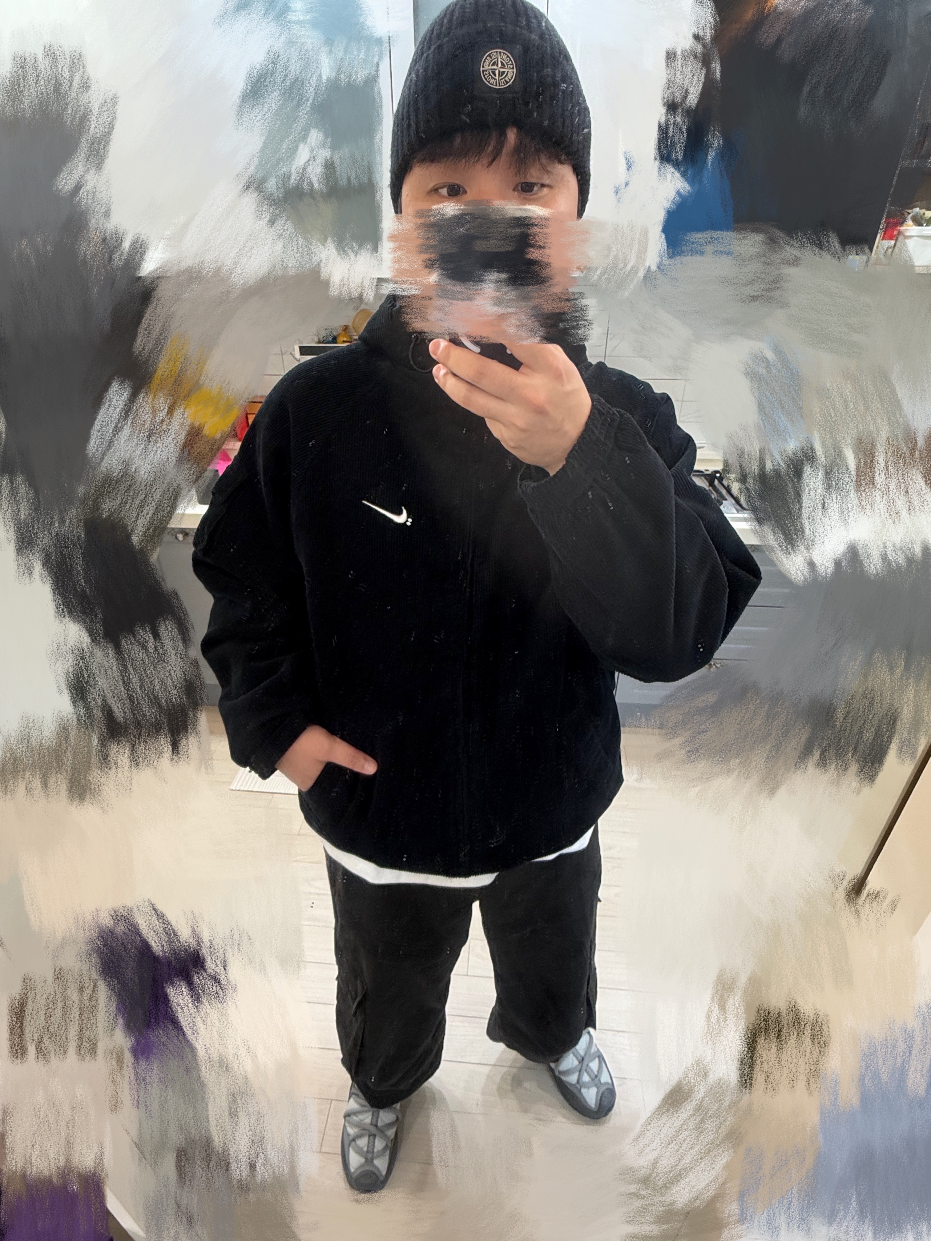 Stone Island N10B5 Ribbed Wool Beanie Black - 23FW, Supreme x Nike Arc Corduroy Hooded Jacket Black - 22SS 착용 스타일 - 3