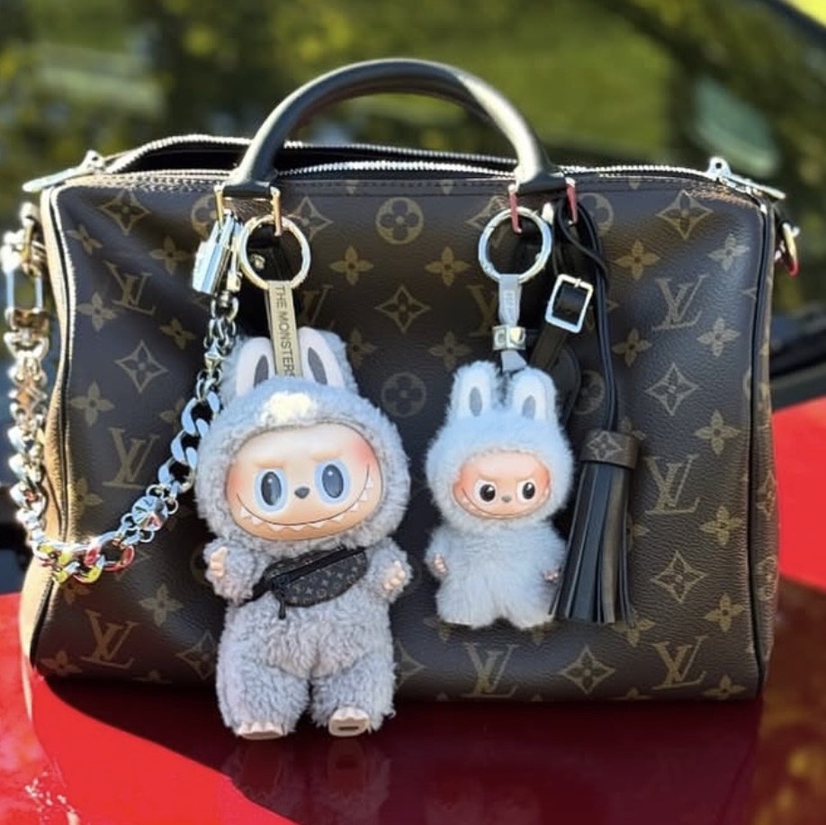 Pop Mart Labubu The Monsters Pin For Love Series Vinyl Plush Pendant (A-M) C (Opened Case), Pop Mart Labubu The Monsters Labubu Tasty Macarons Series Sesame Bean Keyring (Opened Case) 착용 스타일