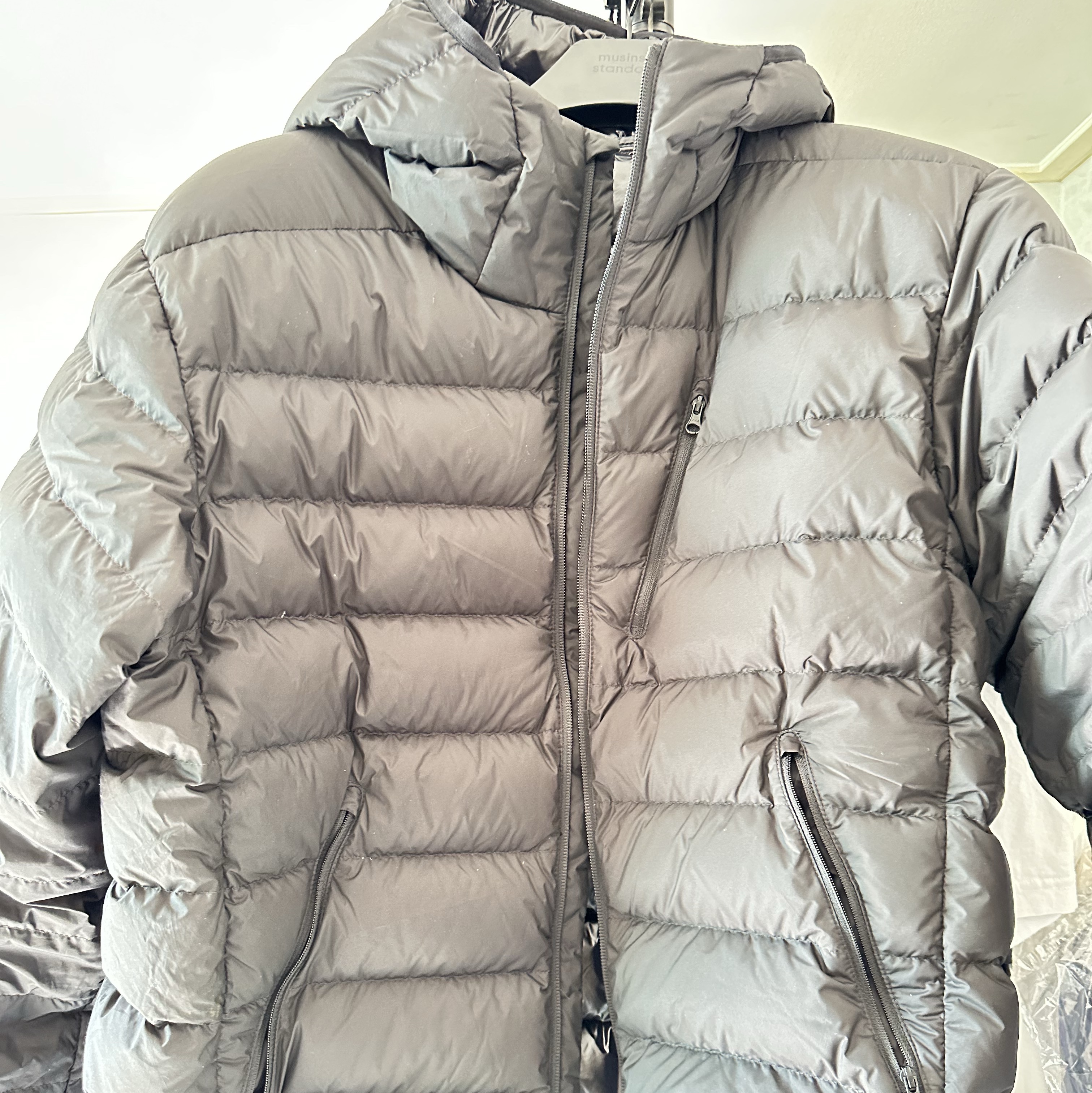 Musinsa Standard City Leisure Hooded Light Down Jacket Black 착용 스타일