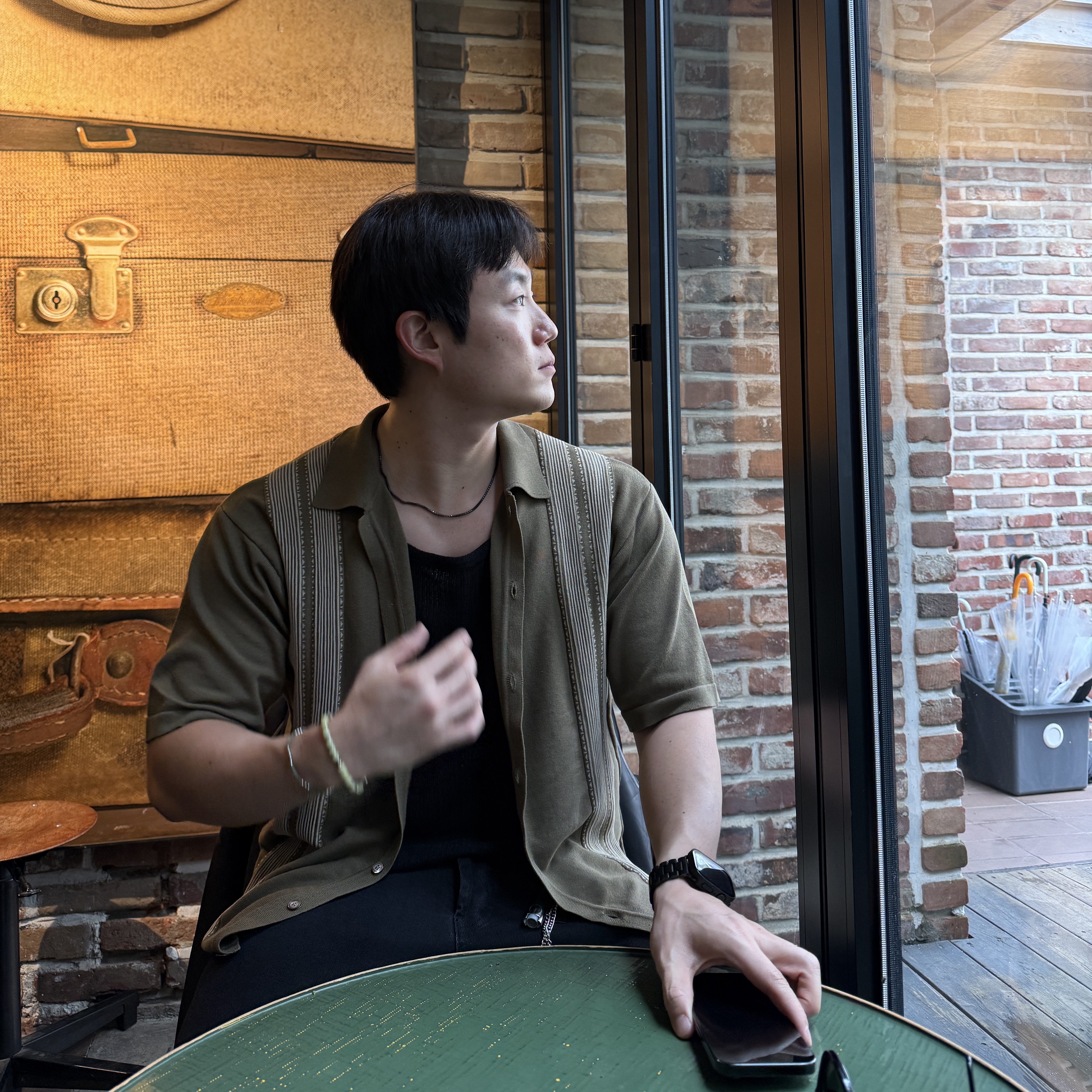 Kapital 14G Cotton Knit Tennessee Aloha Polo Olive Khaki 착용 스타일 - 2