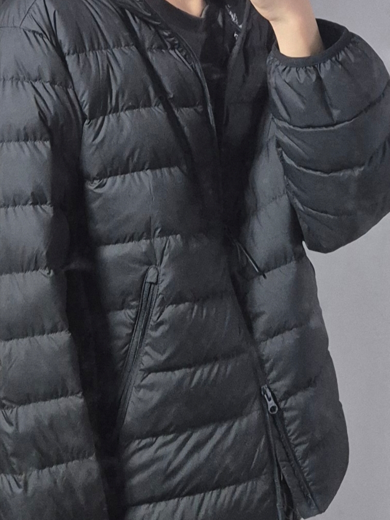 Musinsa Standard City Leisure Hooded Light Down Jacket Black 착용 스타일 - 3