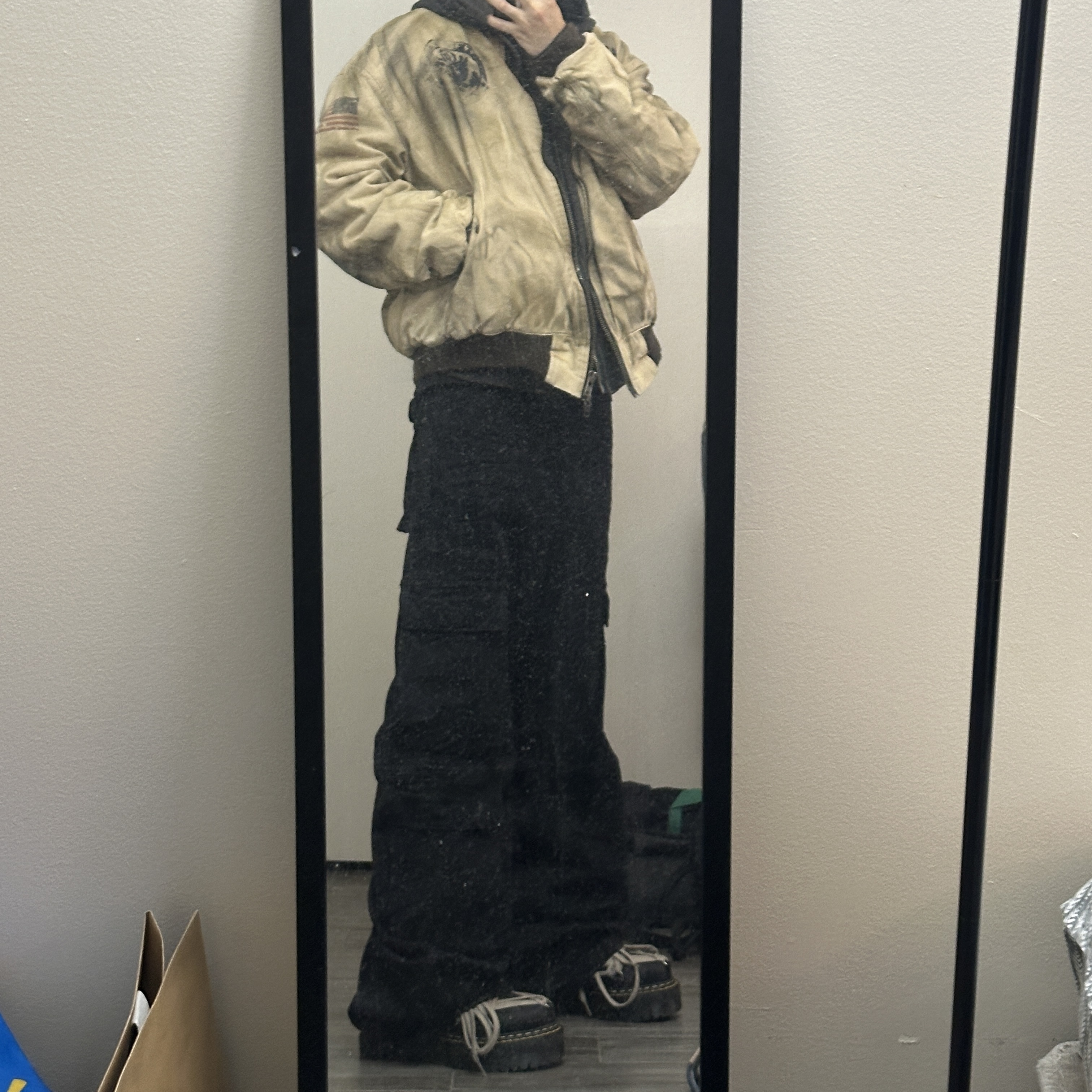 Undermycar Go After Topgun American Flag Washed Bomber Dirty Beige - 24FW, Dr. Martens x Rick Owens 1460 Quad Sole Mega Lace Boots Black 착용 스타일