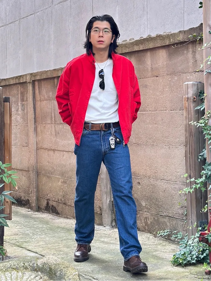 QT8 GARMENTS Washed Oxford Harrington Jacket Red 착용 스타일 - 1