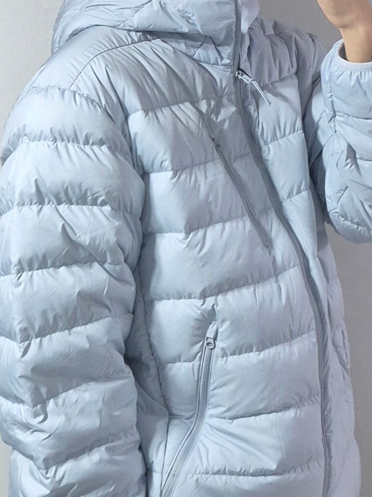 Musinsa Standard City Leisure Hooded Light Down Jacket Cloudy Blue 착용 스타일 - 2