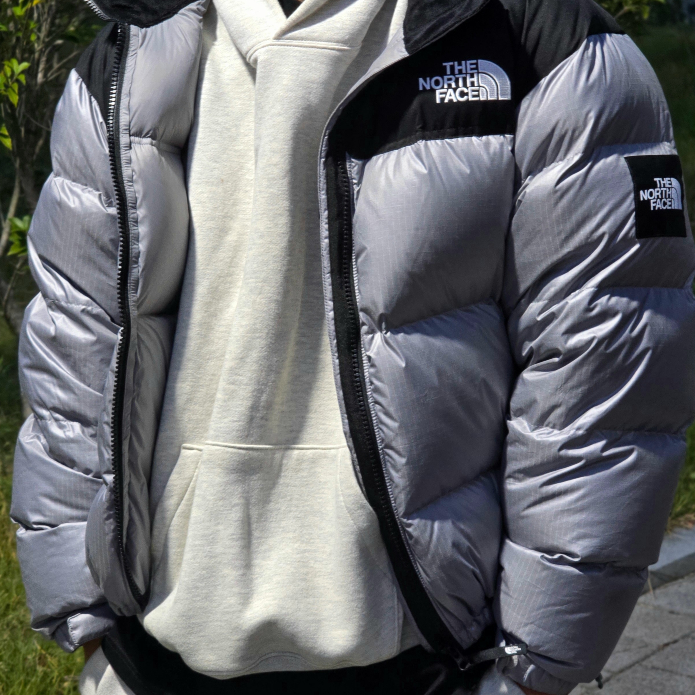 The North Face White Label Novelty Nuptse Down Jacket Heather Gray 착용 스타일 - 1