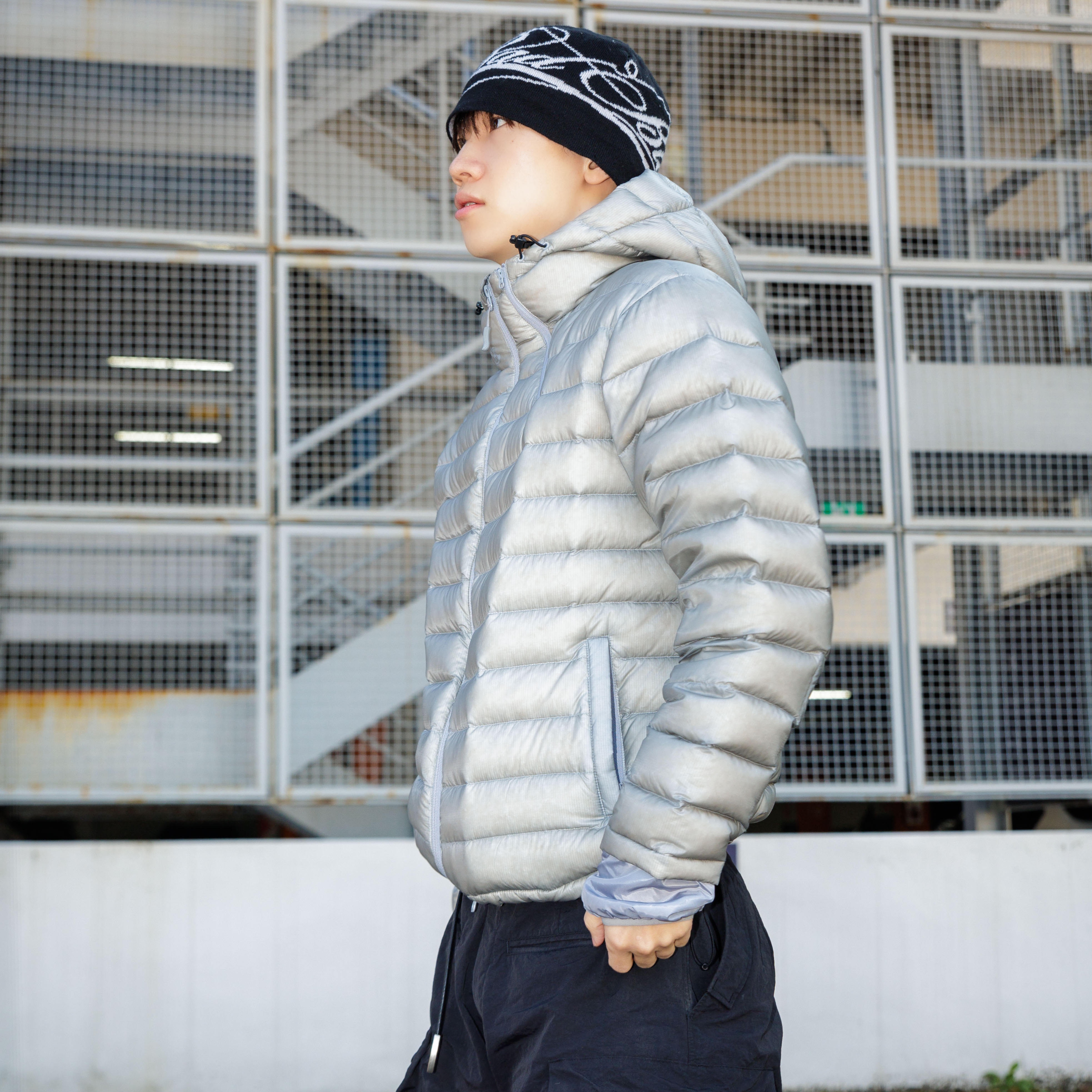 Sansan Gear Suffix Puffer Jacket Grey - 24FW 착용 스타일 - 1
