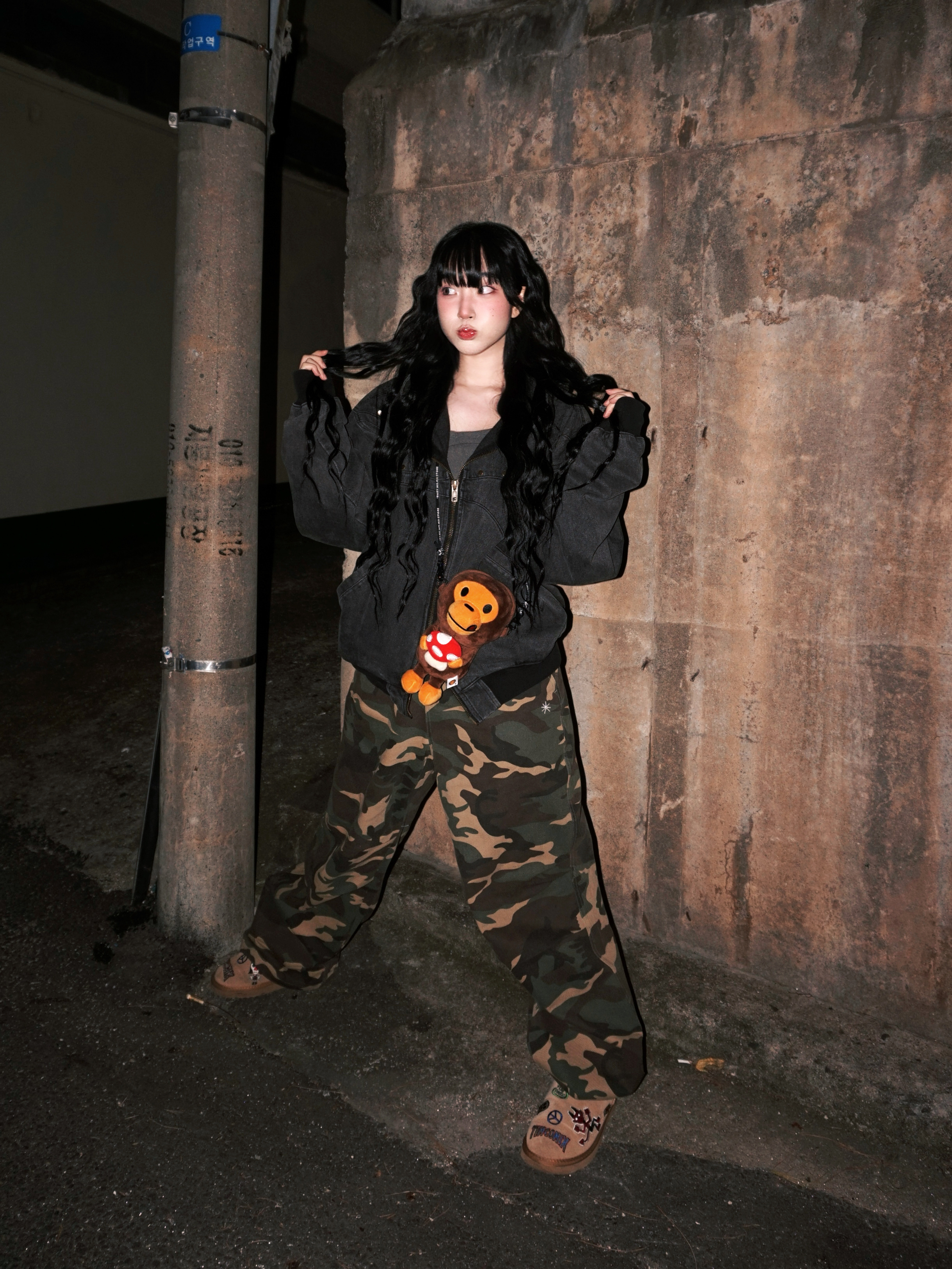 SLOW RECORD HOUSE Double Pintuck Cotton Pants Camo Vintage Green 착용 스타일 - 2