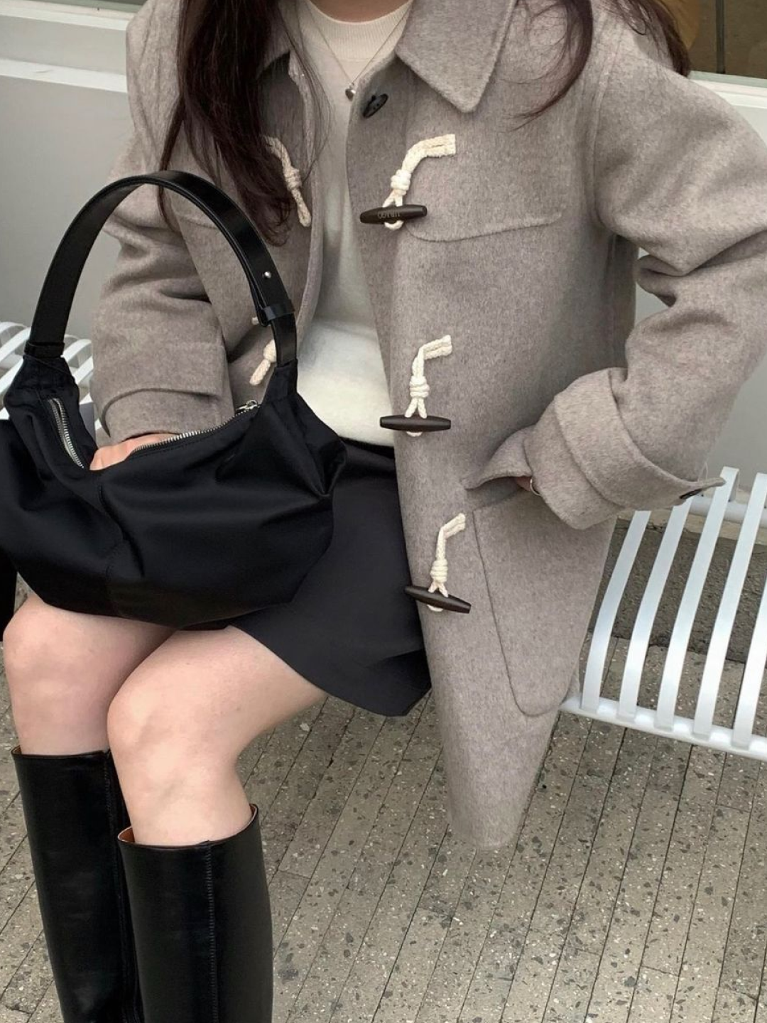 London Tradition Martin SLM NYNF Duffle Coat Vicuna A31, Enor Women High Neck Wool Duffle Coat Dark Grey 착용 스타일 - 3