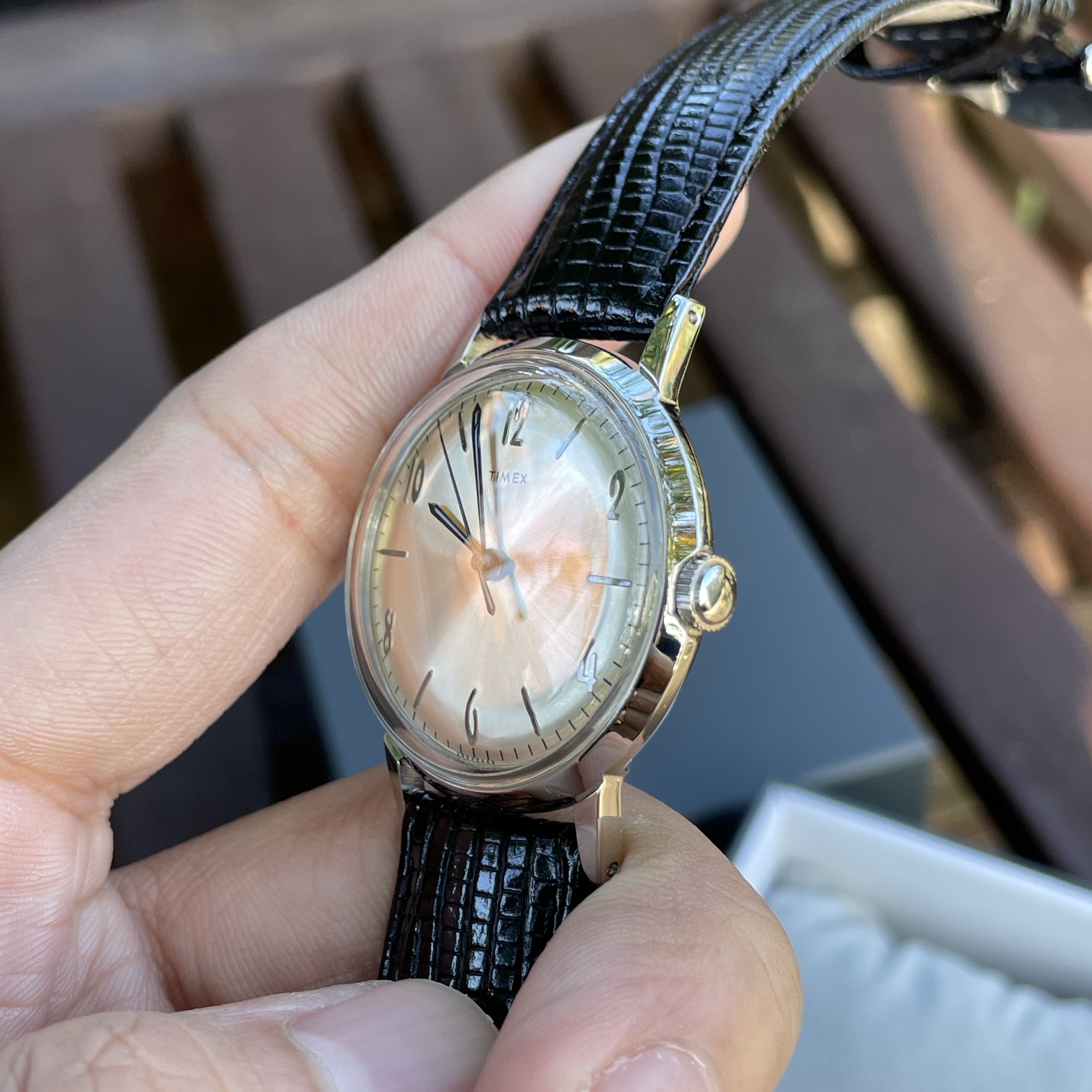 Timex Marlin OG 34mm Leather Strap Watch Black Silver 착용 스타일 - 5