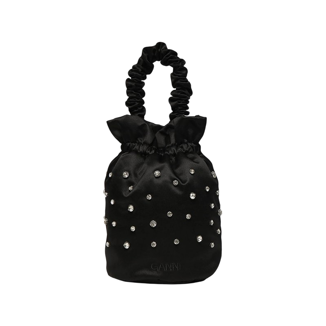A4415-099 Ganni Crystal Embossed Satin Top Bucket Bag Black