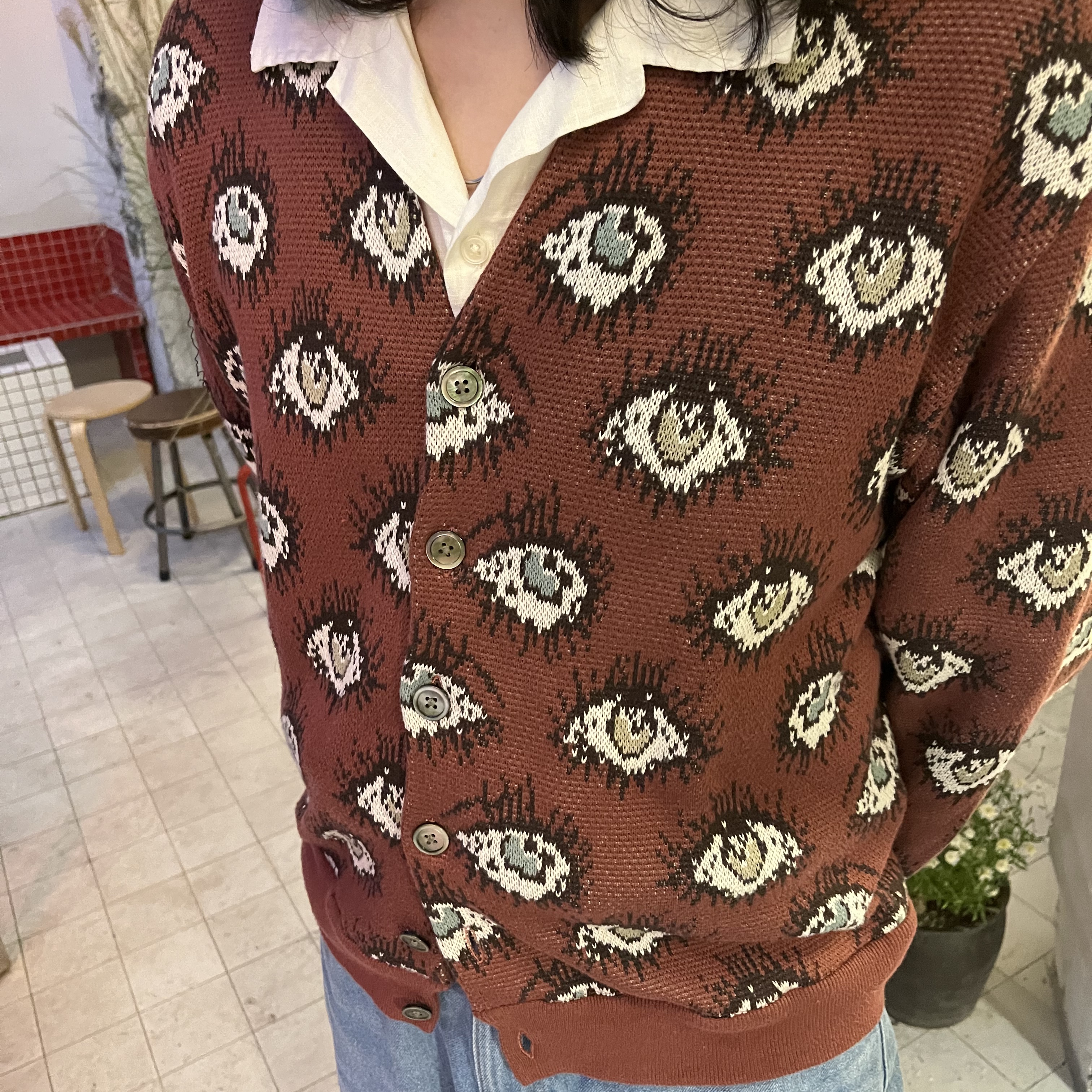 Kapital 8G Jacquard Knit Speakeasy Pattern Short Cardigan Engine 착용 스타일