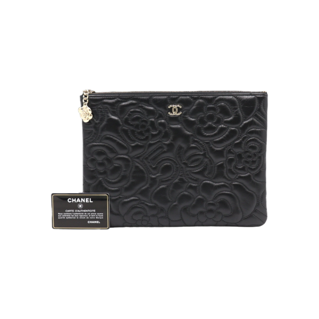 IT5WWWVHWPF8 Chanel Camellia New Medium Black Lambskin Gold CC Clutch Bag