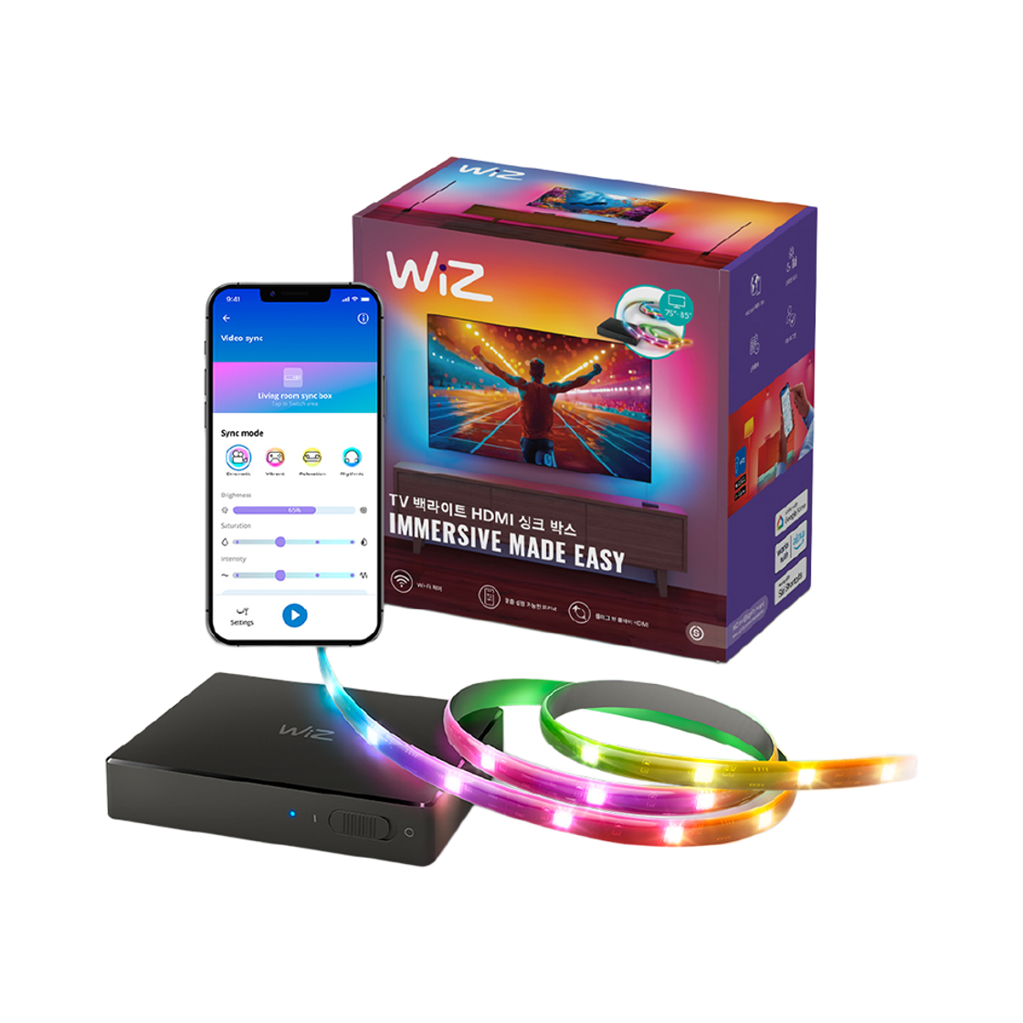 위즈 75-85 190cm TV용 라이트스트립+싱크박스 스타터킷 줄조명(Wiz 75-85 190cm TV Light Strip + Sync Box Starter Kit String Lighting)