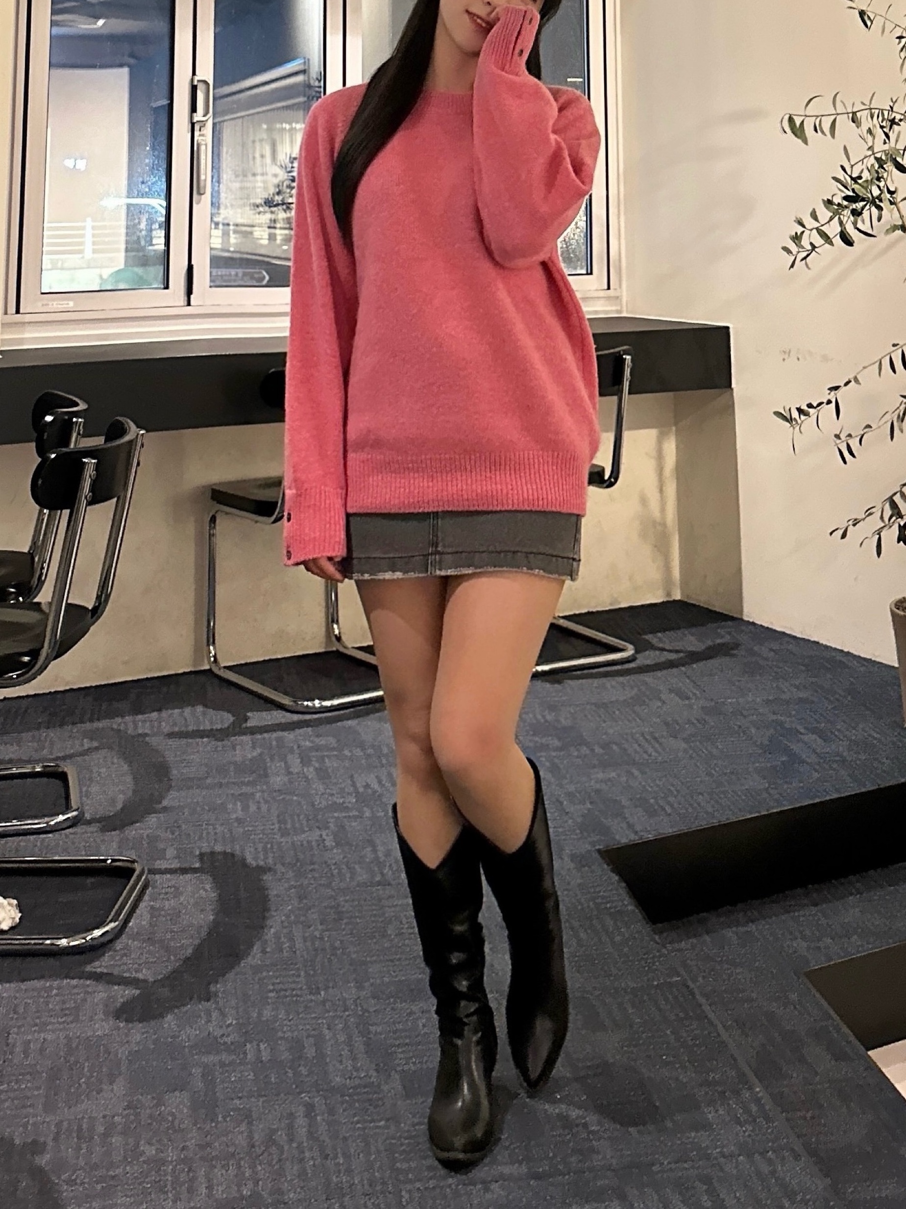 Knitted Shaggy Dog Wool 100% Round Knit Ginger Pink 착용 스타일